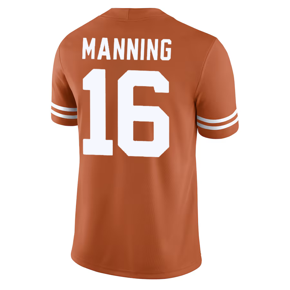Burnt orange Longhorn sports jersey with 'Manning' and number '16' on a white background