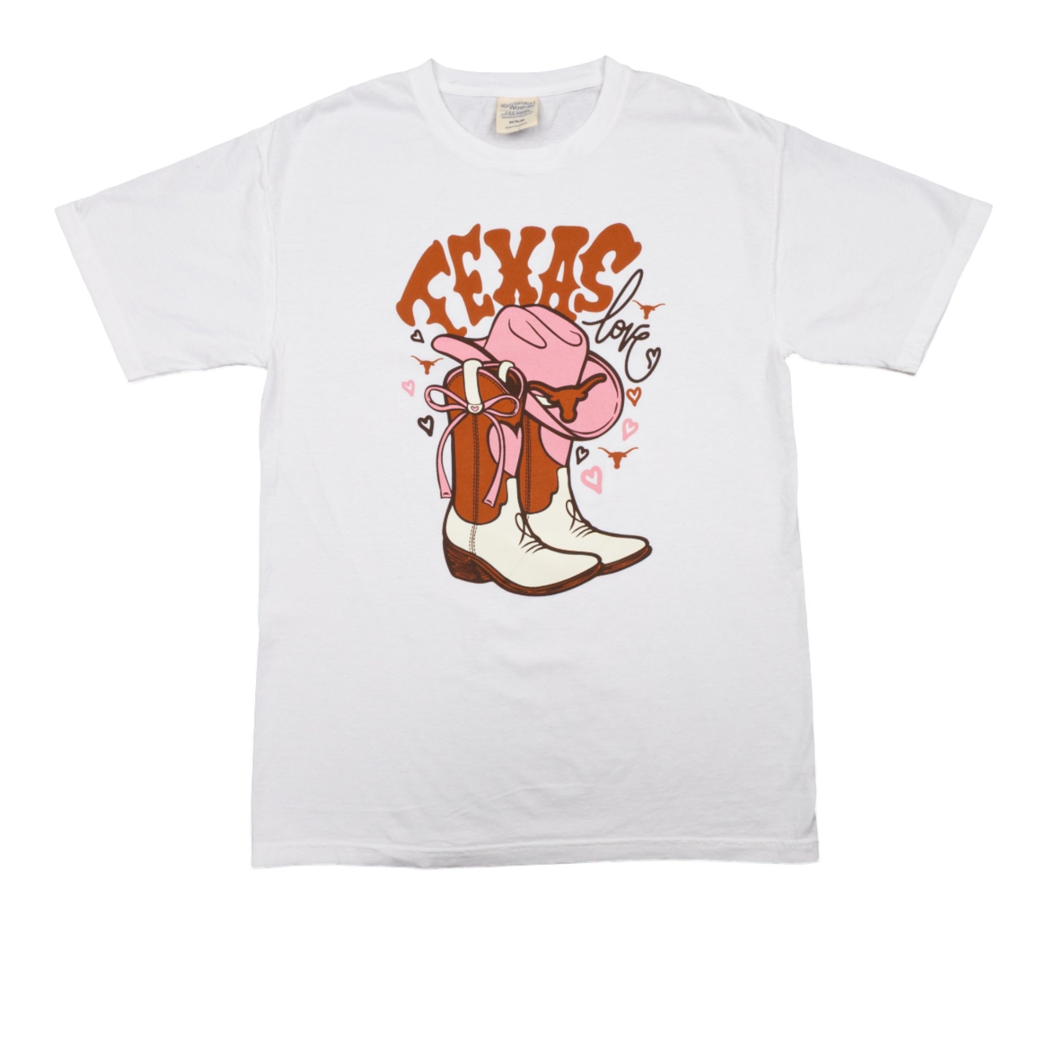White t-shirt with a graphic design of a cowboy hat, boots, and 'Texas love' text on a white background.