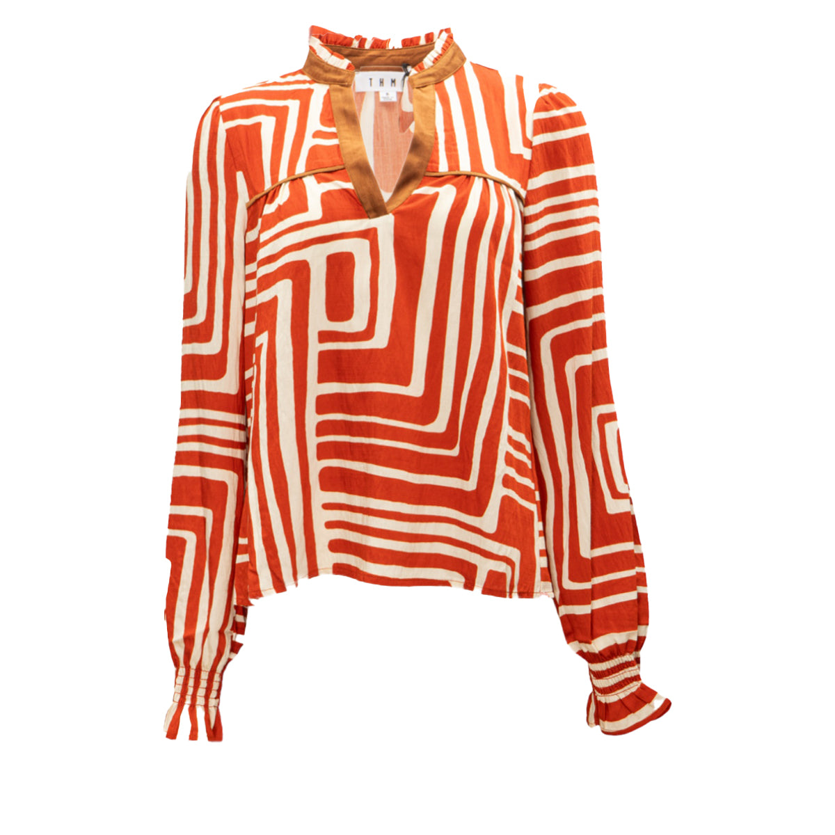 Square Pattern V-Neck Long Sleeve Blouse