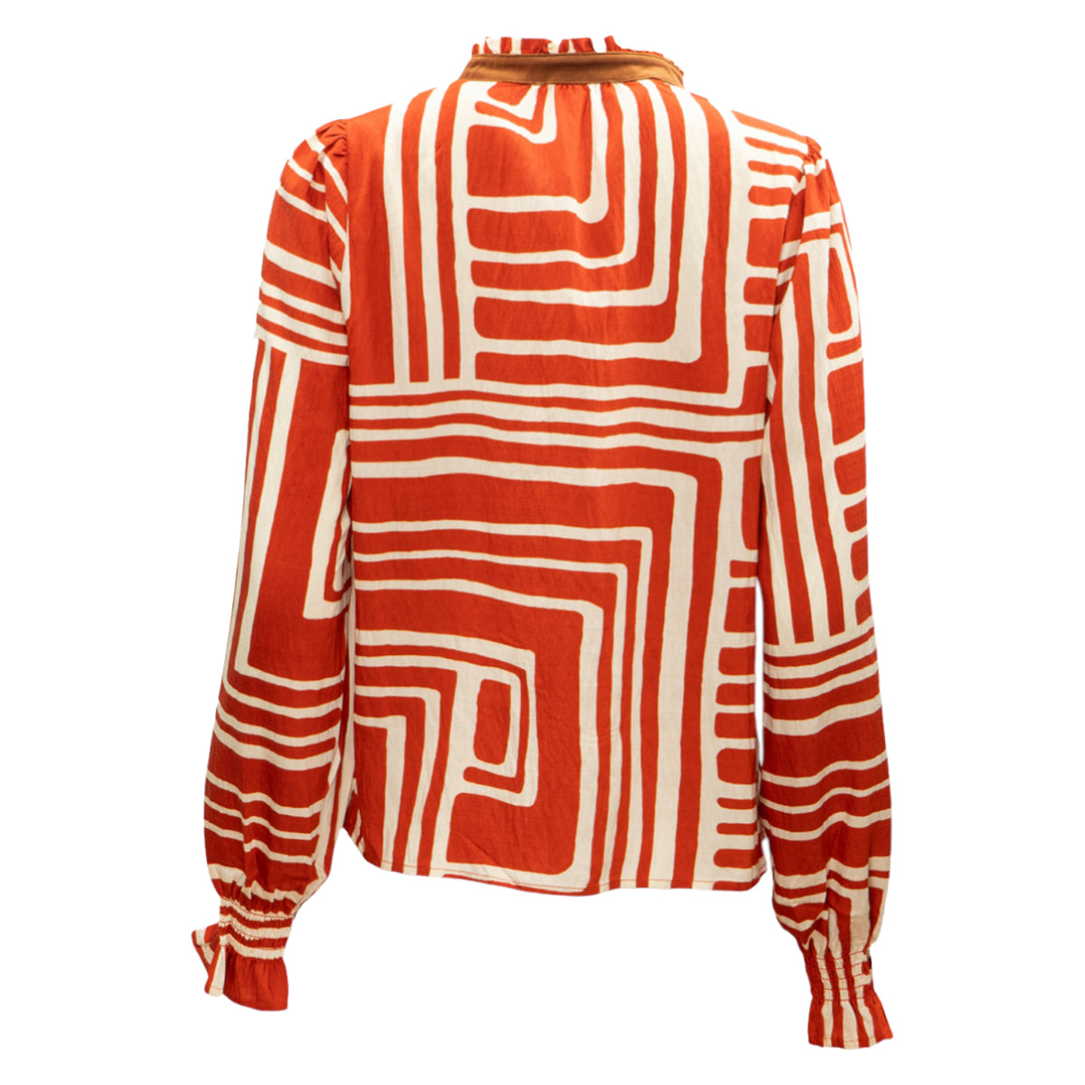 Square Pattern V-Neck Long Sleeve Blouse