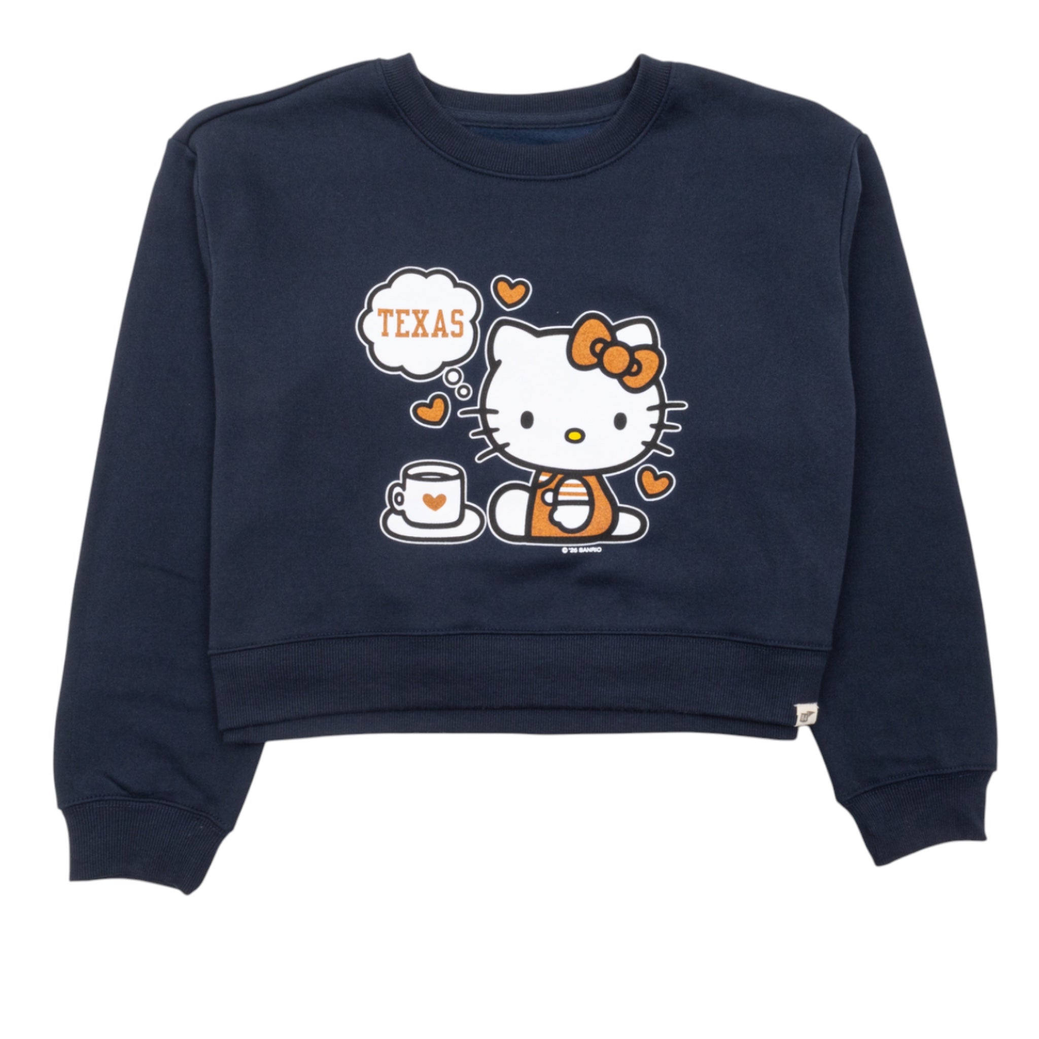 Navy blue sweatshirt with a cartoon character and 'Texas' text on a white background