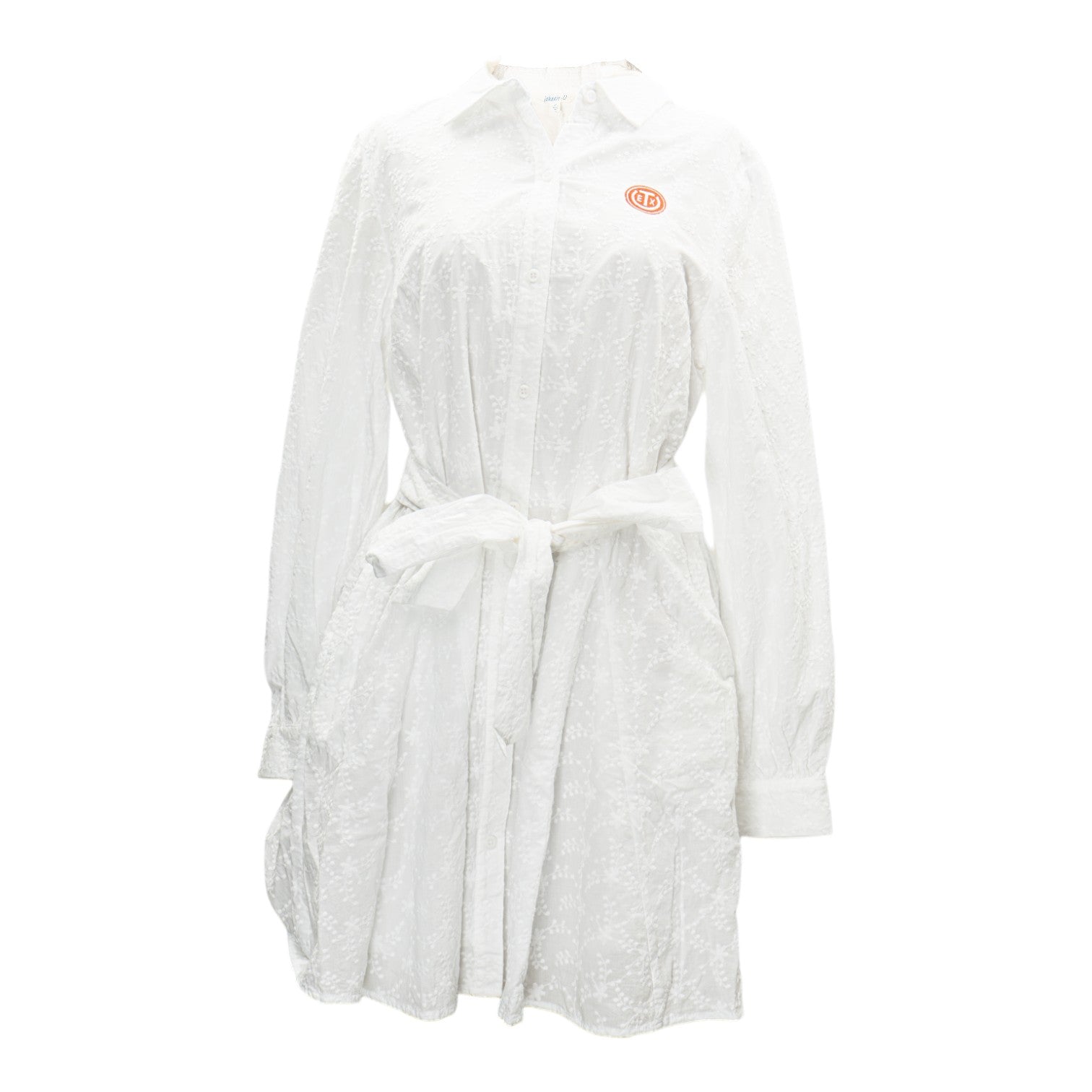 Johnnie-O Women's Jenna Embroidered Flared Shirt Dress in White – Long Sleeve Button Front Belted Mini Shirt Dress