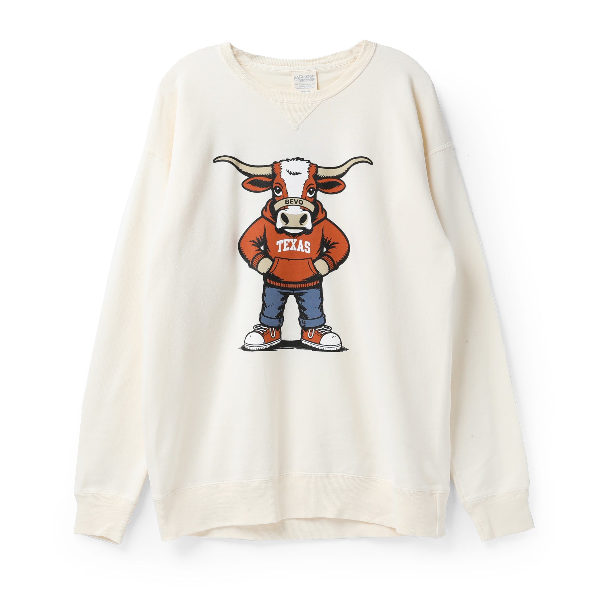 Texas Longhorns Standing Bevo in Hoodie ComfortWash Fleece Crew