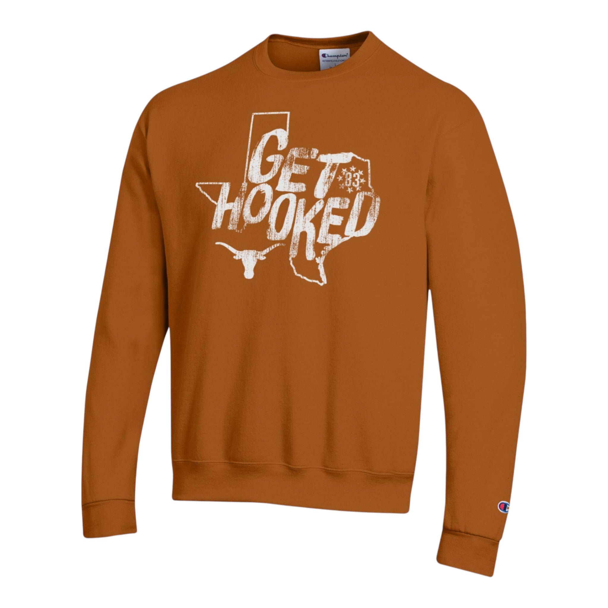 Brown sweatshirt with 'Get Hooked' design on a white background