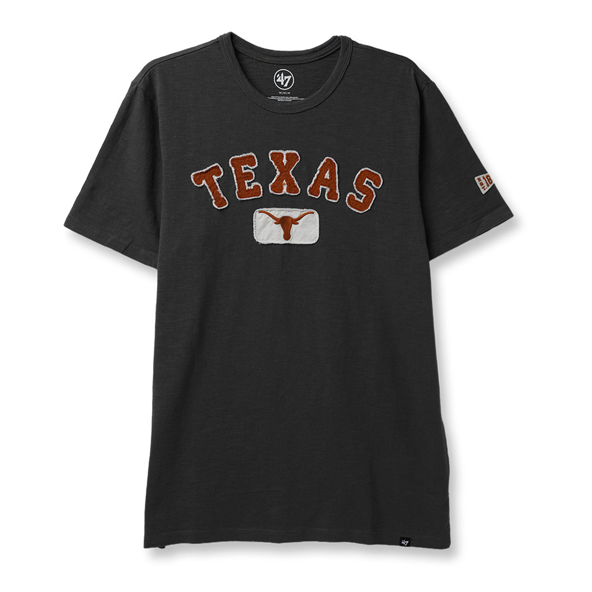 A dark charcoal gray short-sleeve t-shirt featuring a distressed orange and white 'TEXAS' graphic with a longhorn logo on the front, and a '47 brand logo printed inside the collar.