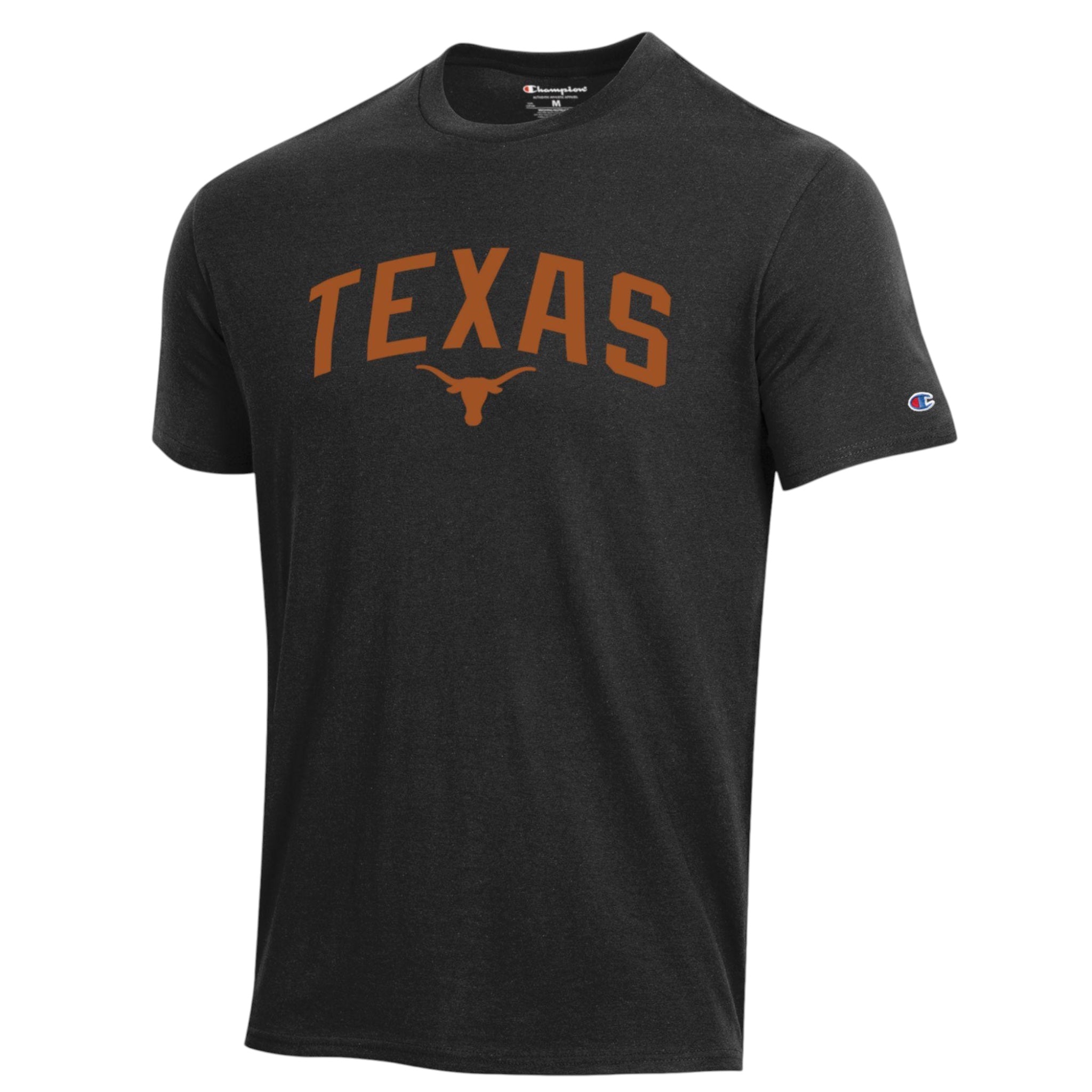 Black t-shirt with 'TEXAS' printed in orange on a white background