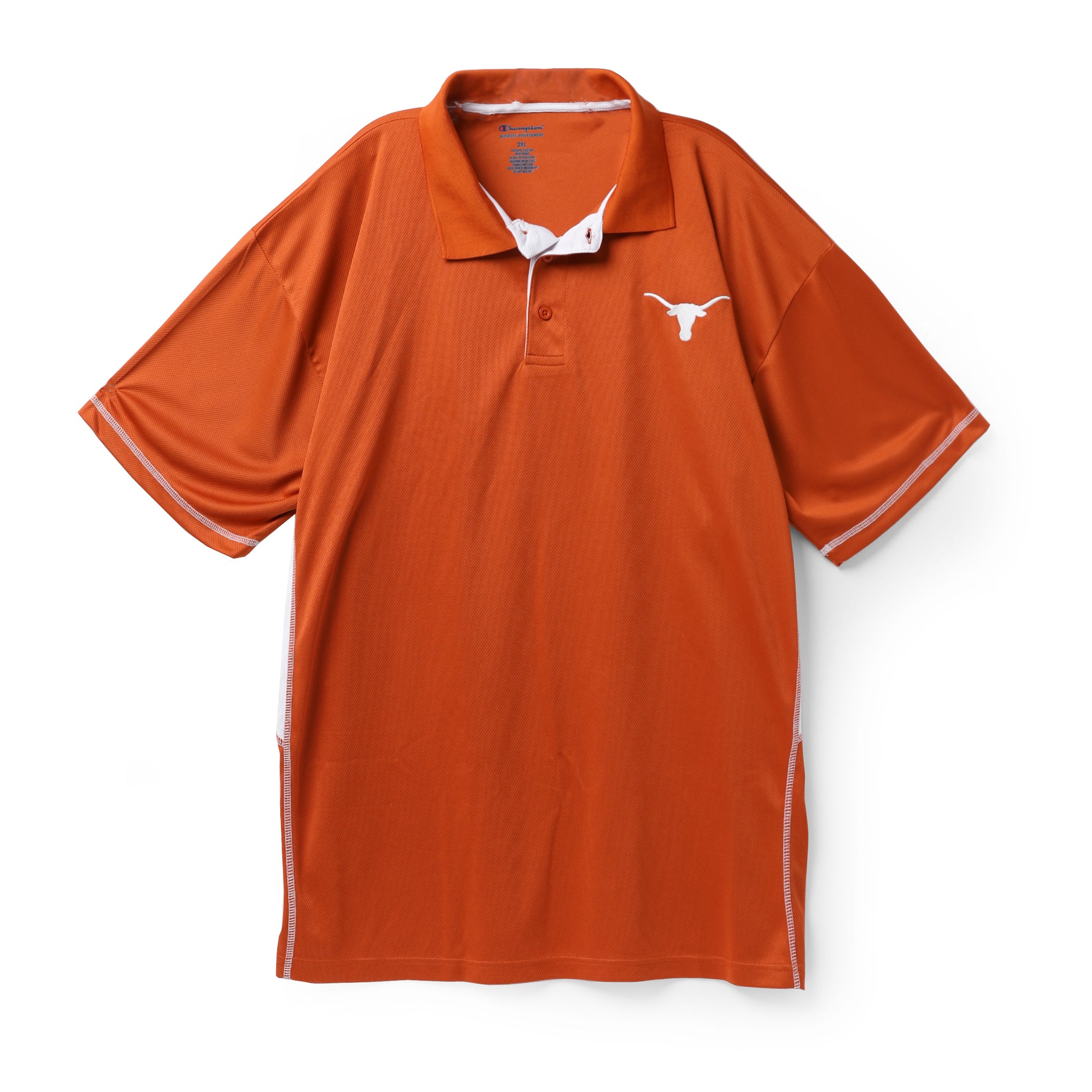 An orange short-sleeve polo shirt with white piping details on the sleeve cuffs and sides, featuring a white Texas Longhorns logo on the left chest, displayed on a clean white background.