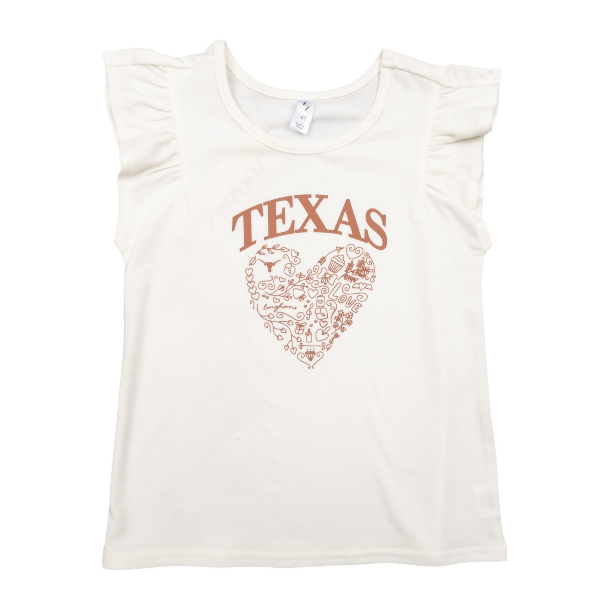 Youth ZooZatZ Texas Longhorns Ruffle Sleeve Heart Tee Ivory