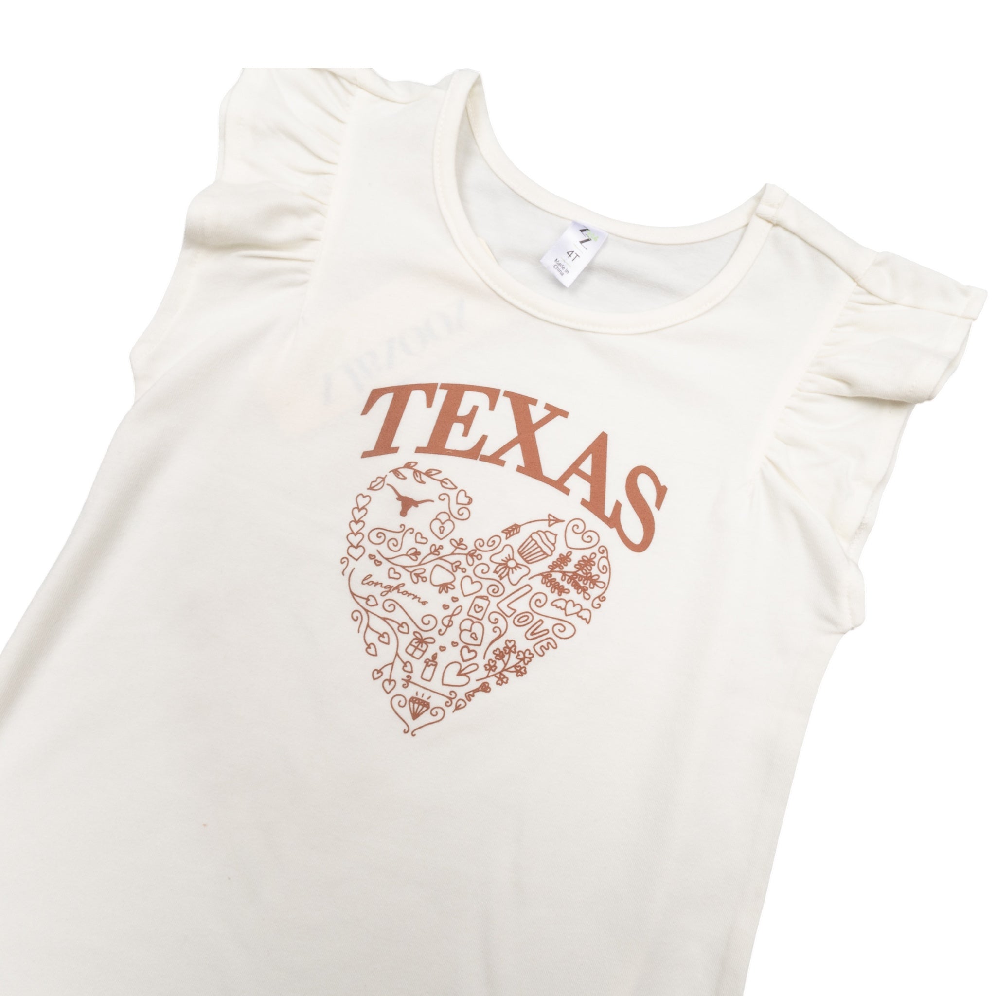 Youth ZooZatZ Texas Longhorns Ruffle Sleeve Heart Tee Ivory