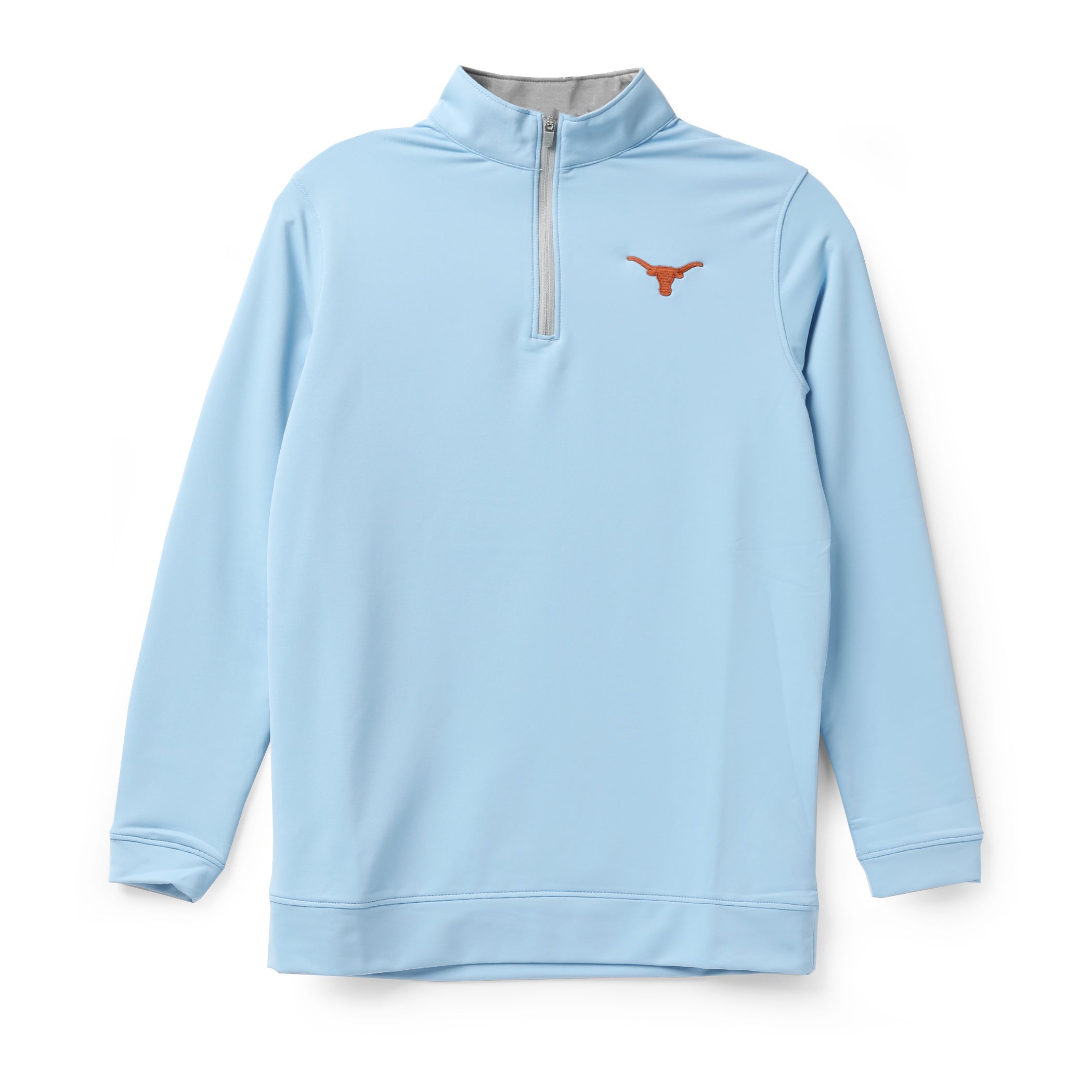 A light blue long-sleeve quarter-zip pullover sweatshirt with a small orange Texas Longhorns logo on the left chest, displayed on a clean white background.