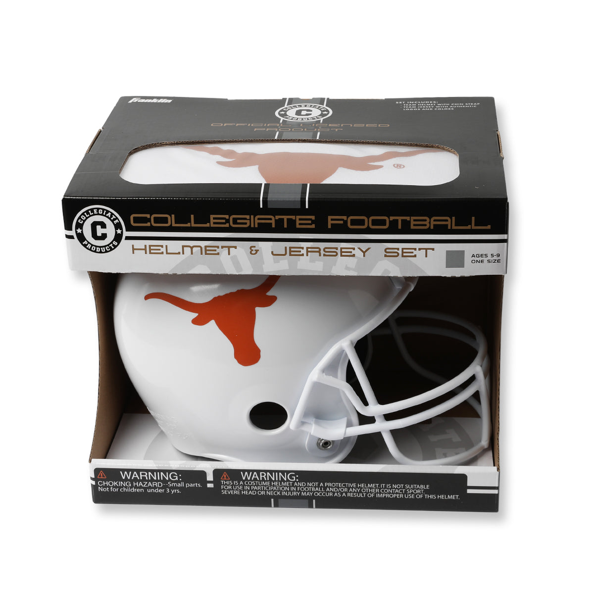 A packaged Texas Longhorns collegiate football helmet and jersey set by Fanmats, shown in its original black and white retail box with a clear window displaying the white helmet with an orange logo and the matching jersey inside.