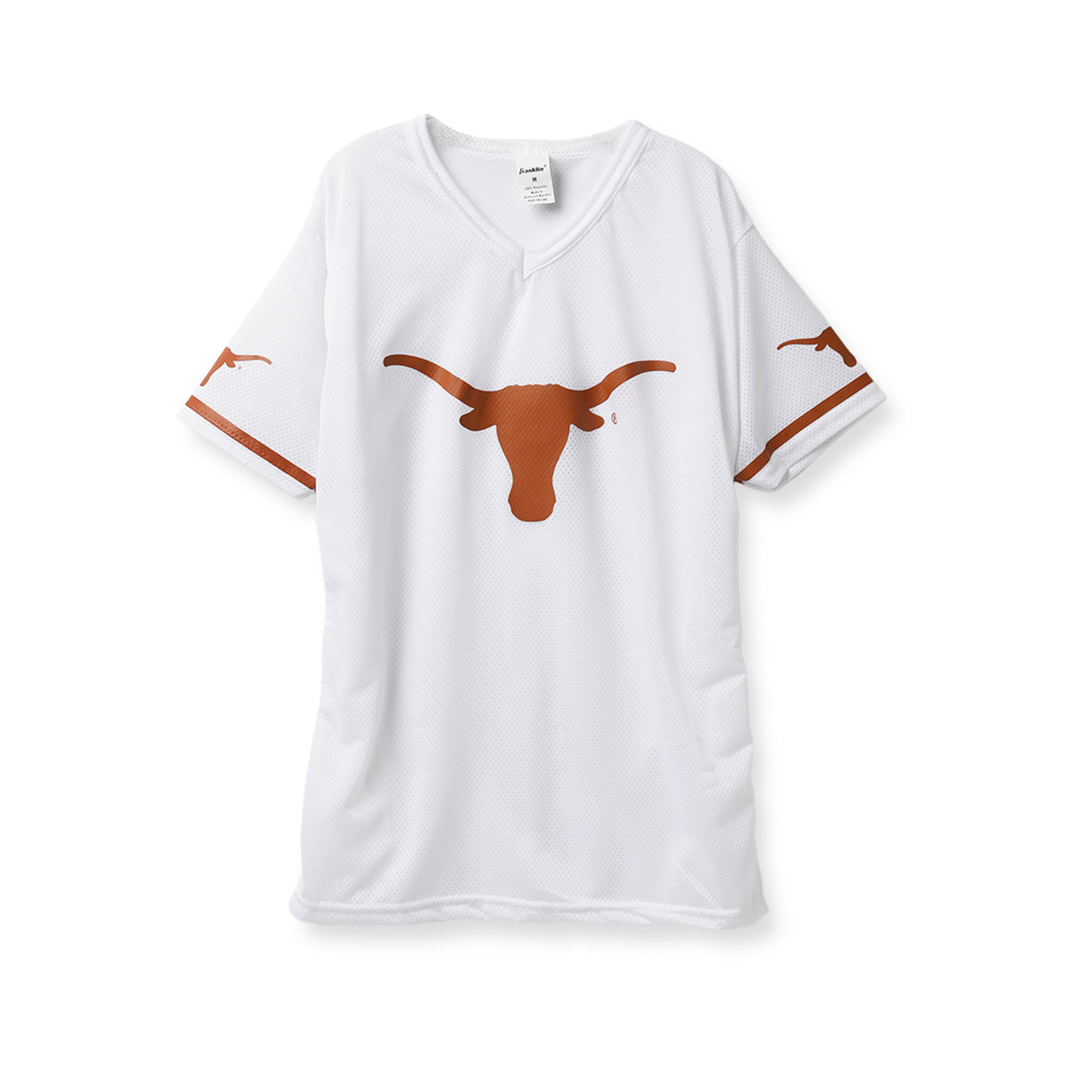 A white short-sleeve V-neck athletic jersey featuring a large brown Texas Longhorns logo on the chest and smaller matching logos on the sleeves, displayed on a clean white background.