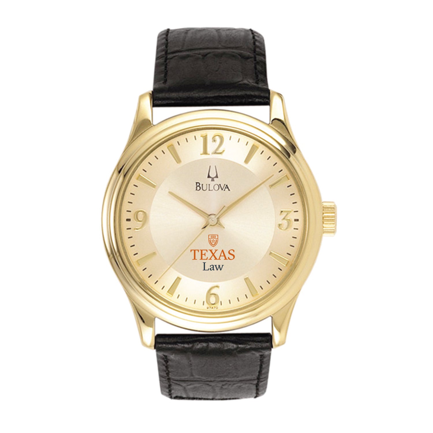 University of Texas School of Law Men's Bulova Gold Plated with Black Leather Strap