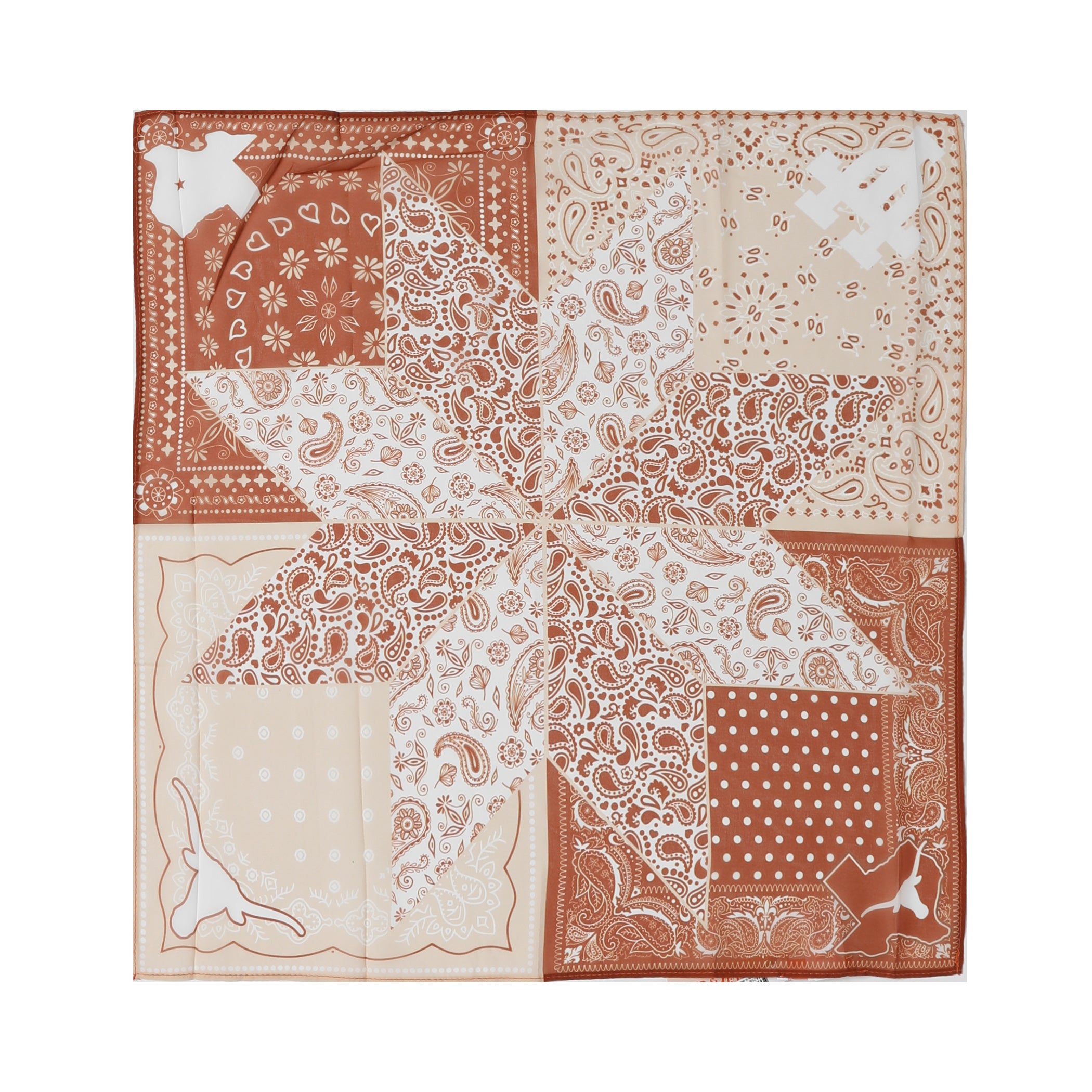 A square bandana featuring a patchwork design of eight distinct Texas-inspired patterns, including paisley, polka dots, florals, and longhorn silhouettes, in terracotta and cream.