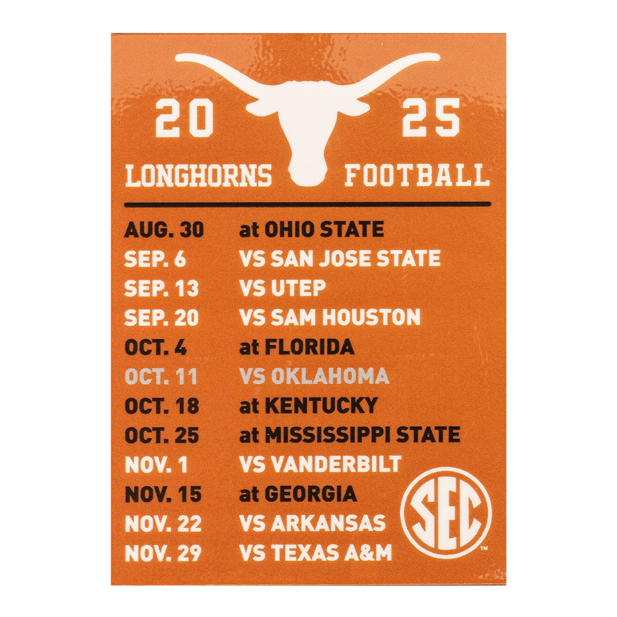 Texas Longhorns 2025 SEC Football Schedule Magnet