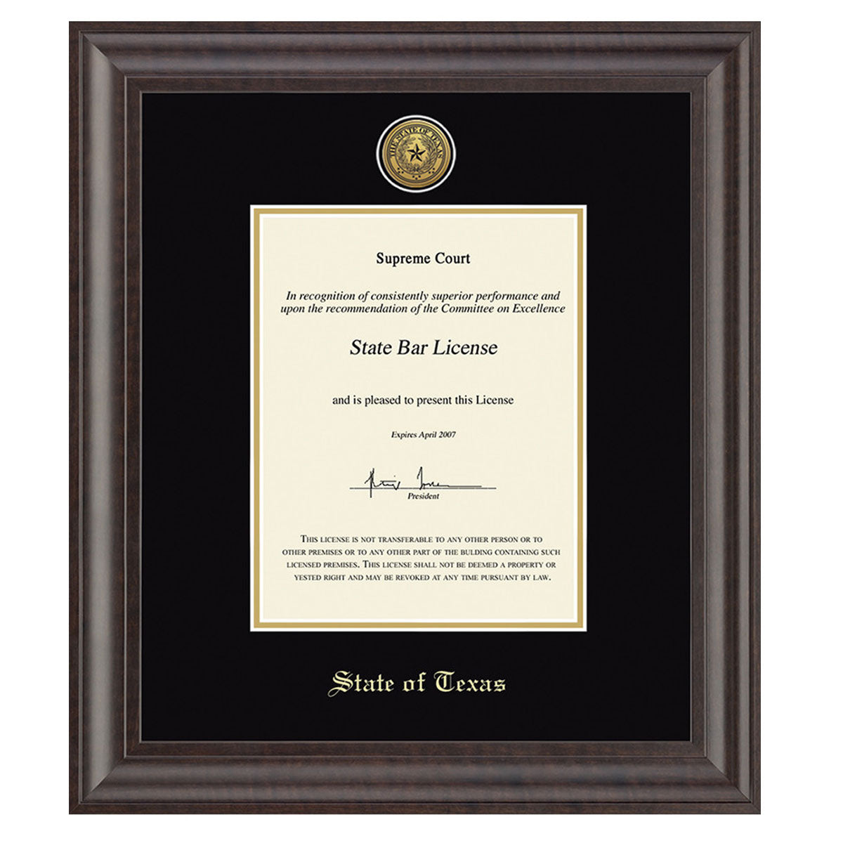 State of Texas Black Bar Certificate Frame