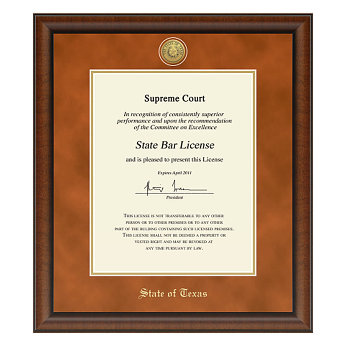 State of Texas Burnt Orange Bar Certificate Frame