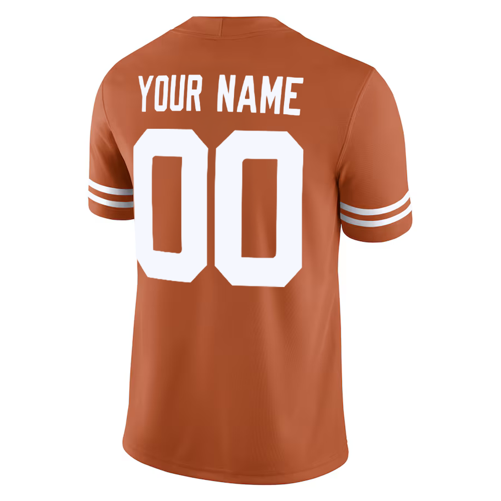 Burnt orange sports jersey with customizable name and number on a white background