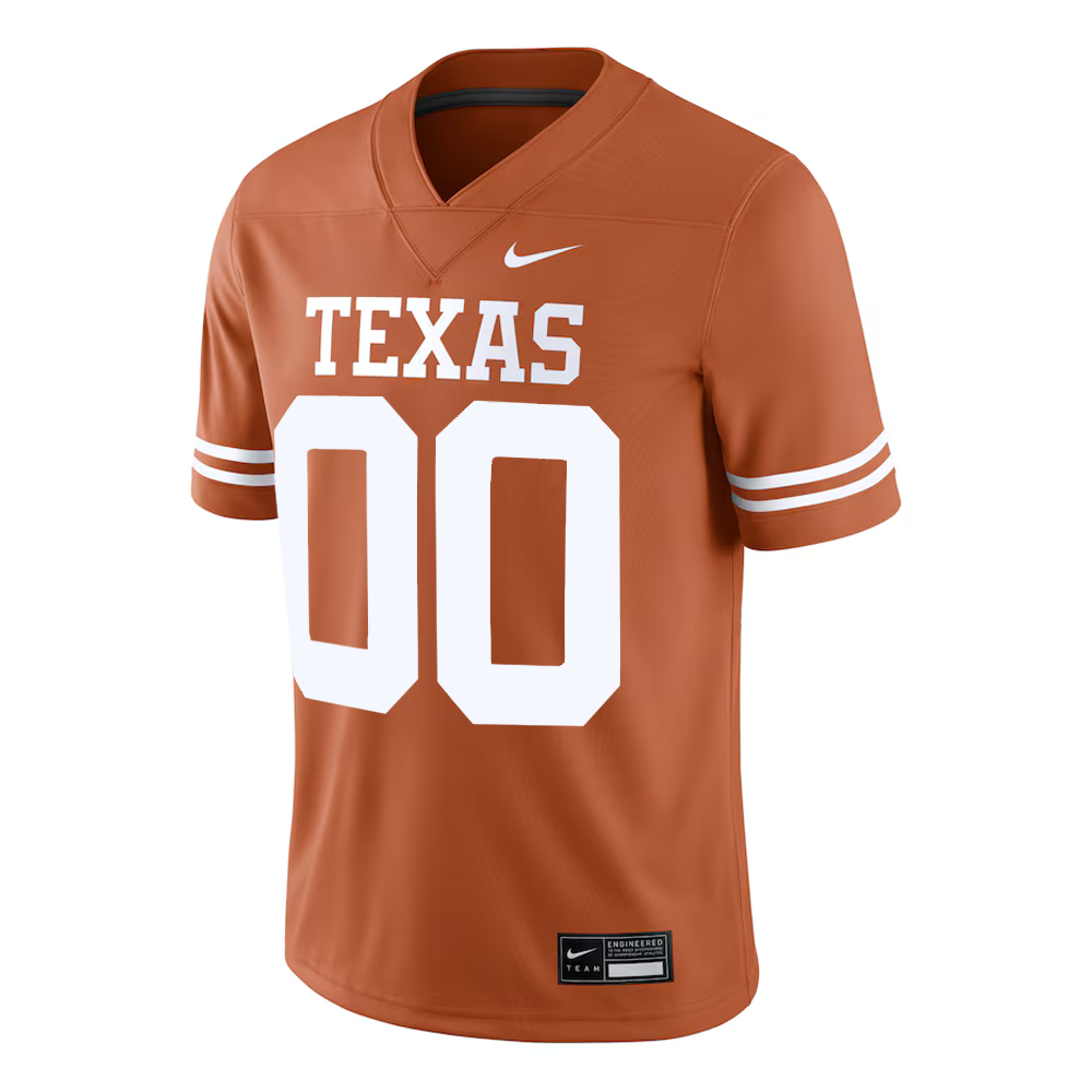 Burnt orange sports jersey with 'Texas' and number '00' on a white background