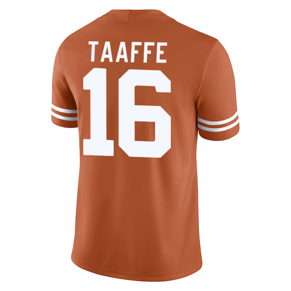 Burnt orange Texas Longhorns sports jersey with 'TAAFFE' and number '16' on a white background