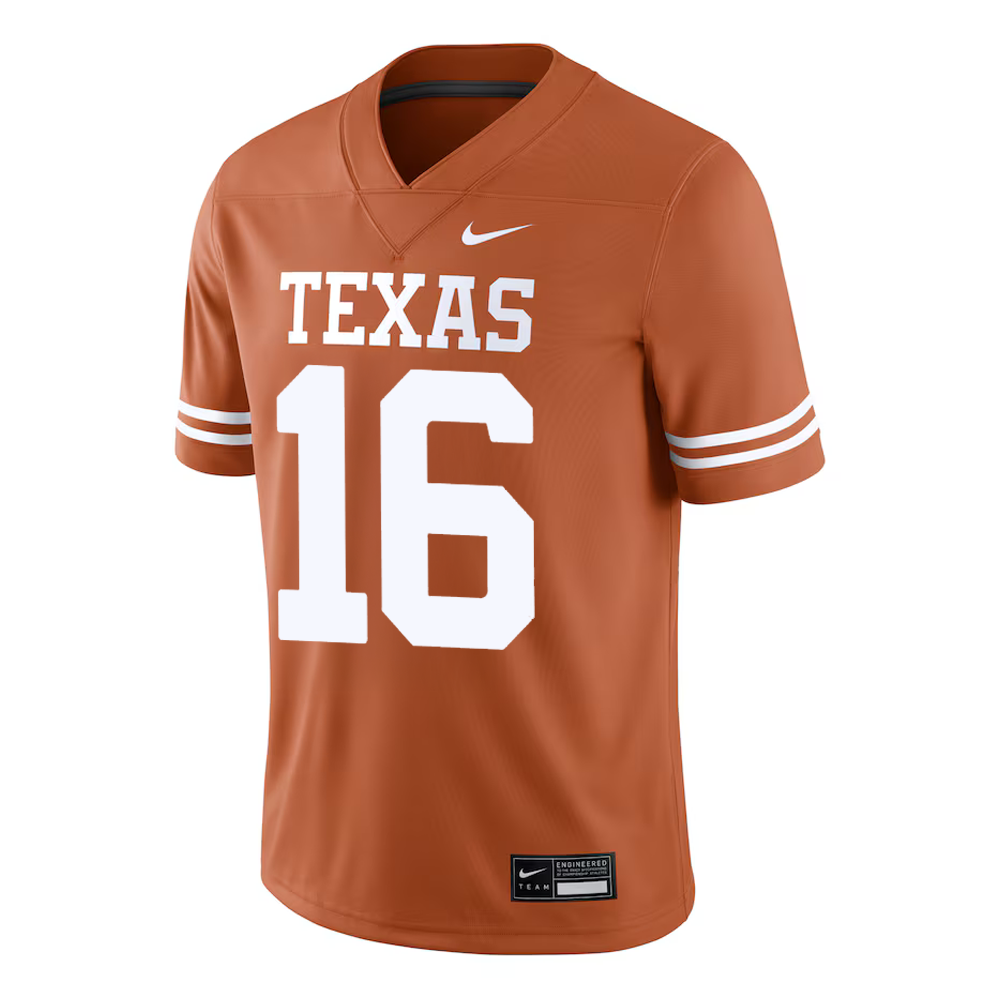Burnt orange sports jersey with 'Texas' and number '16' on a white background