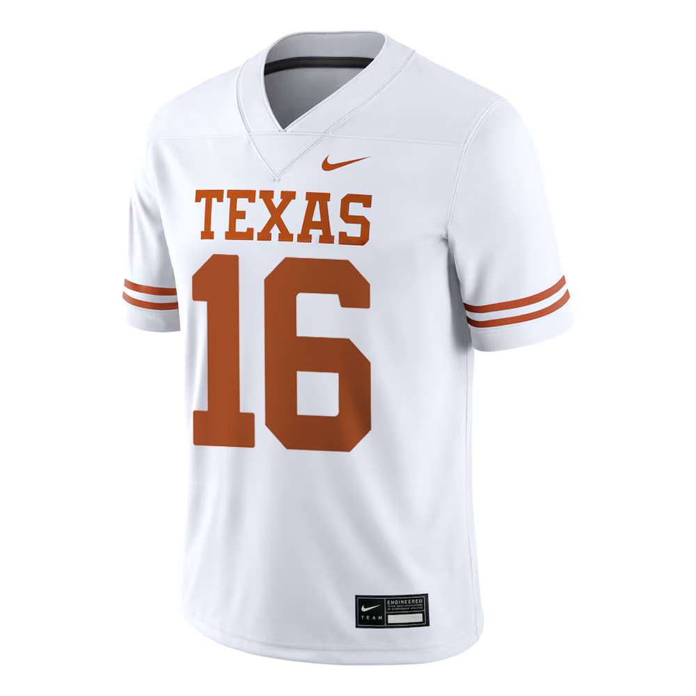 White sports jersey with 'Texas' and number '16' on a white background