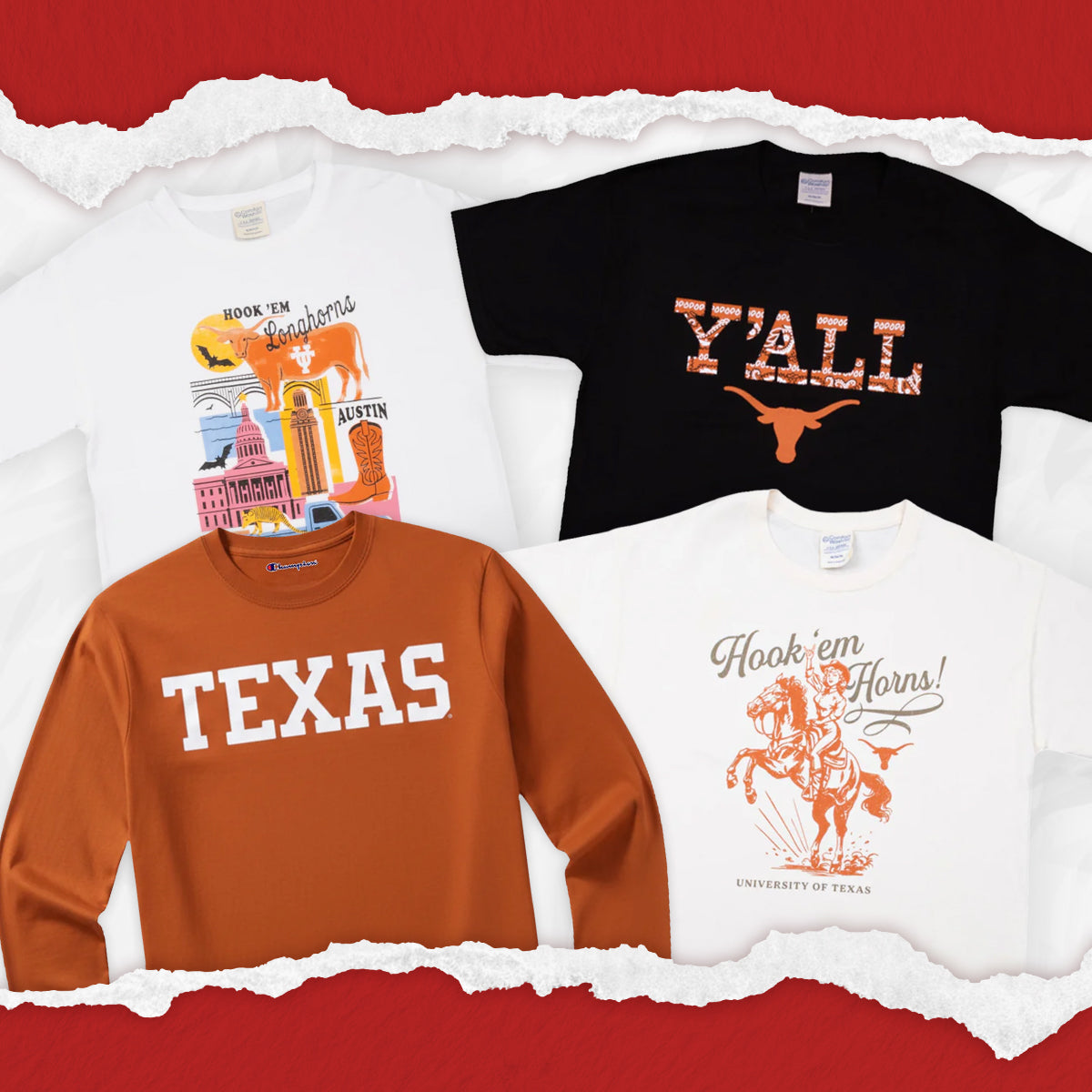 Collection of Texas-themed apparel including t-shirts and a sweatshirt on a red background.