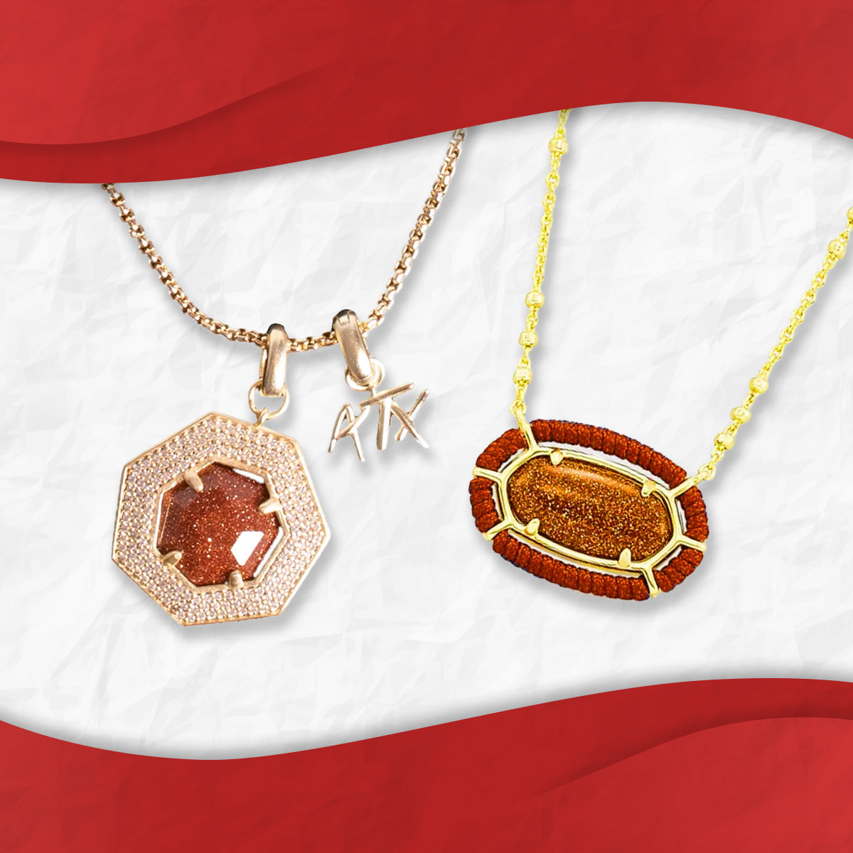 Two gold necklaces with brown pendants on a red and white background
