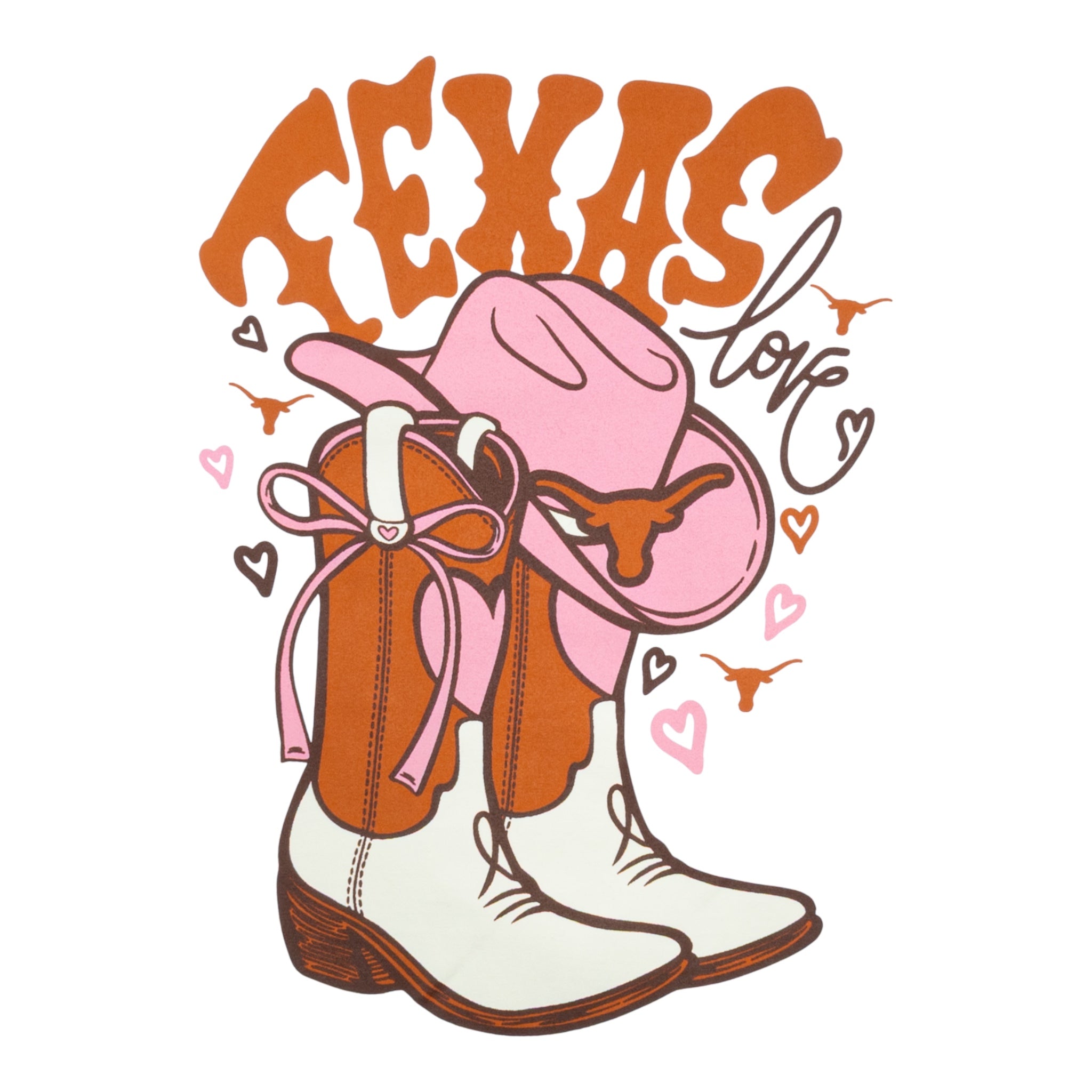 Illustration of cowboy boots and a pink hat with 'Texas Love' text on a white background