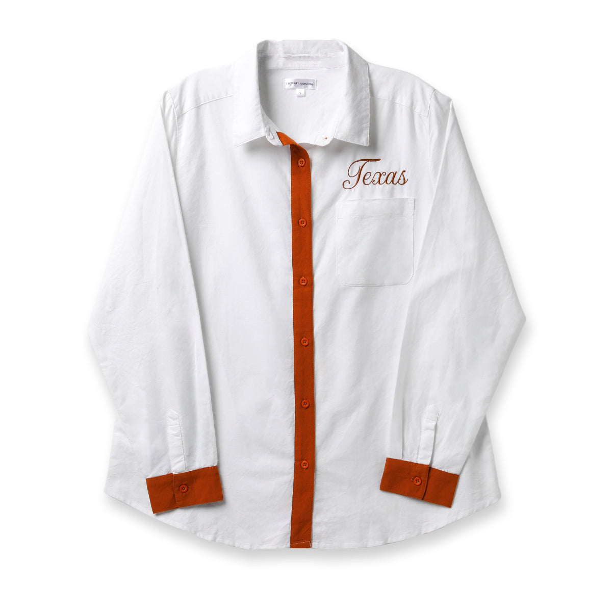 A white long-sleeve button-up shirt with a burnt orange center placket, matching burnt orange cuff tabs, and 'Texas' embroidered in orange on the left chest, shown on a white background.