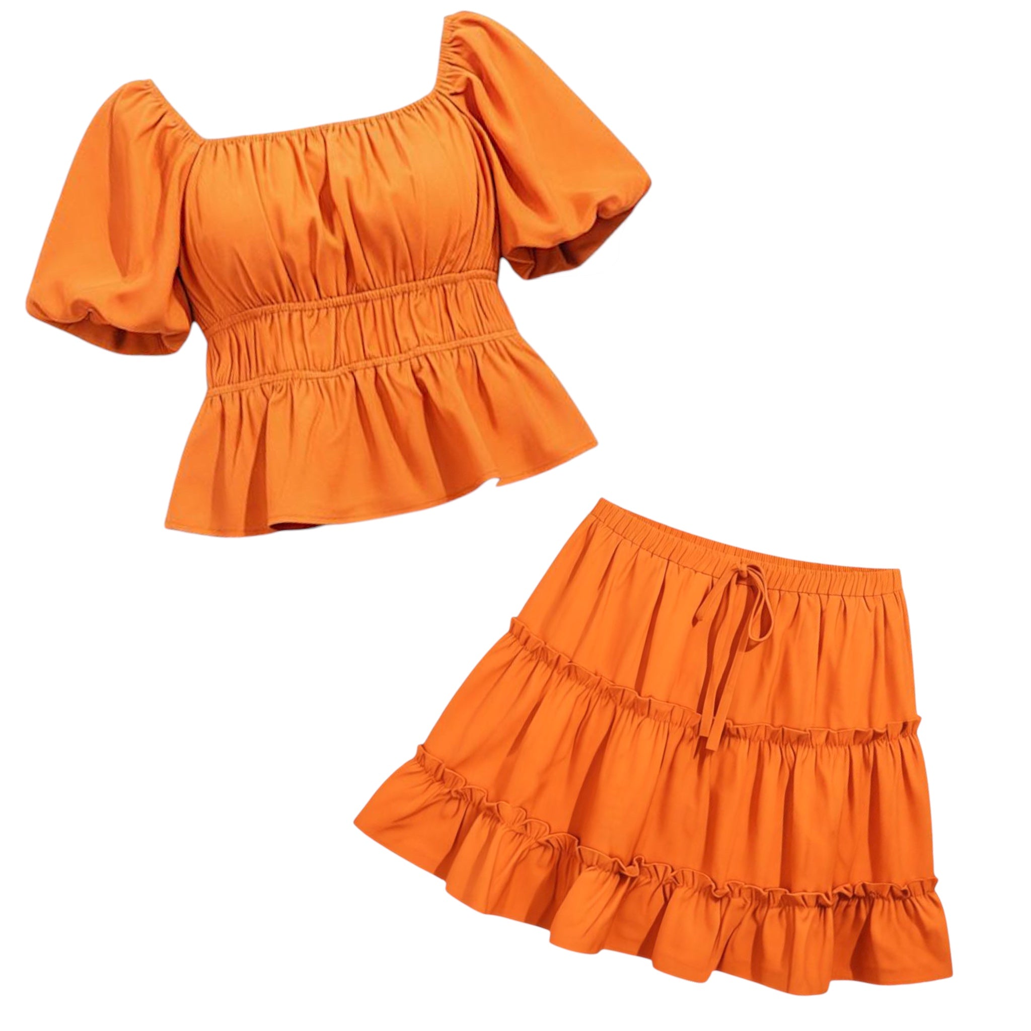 Ruched Peplum Puff Sleeve Crop Top and Skirt Set