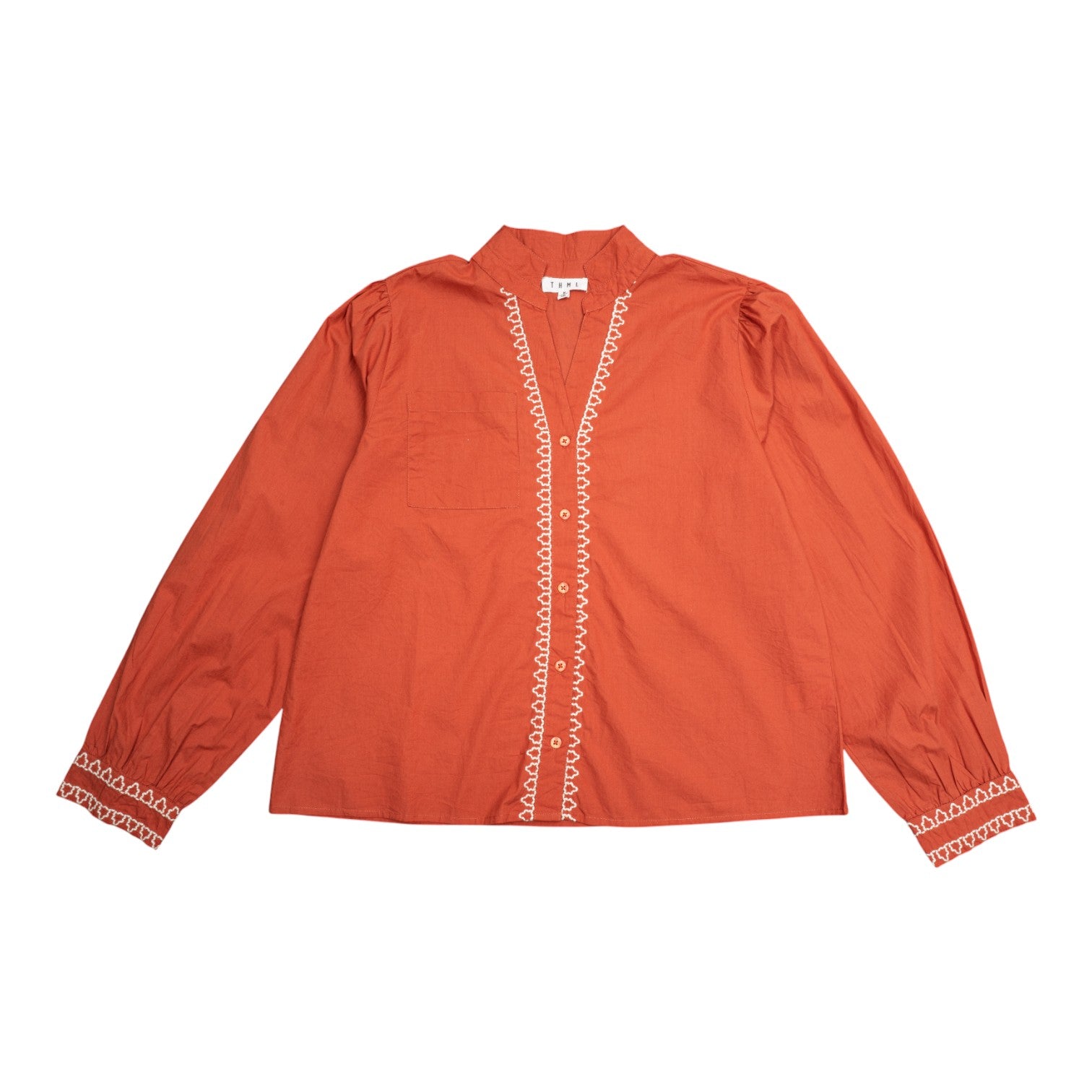 Contrast Embroidered Long Sleeve Button Down Blouse