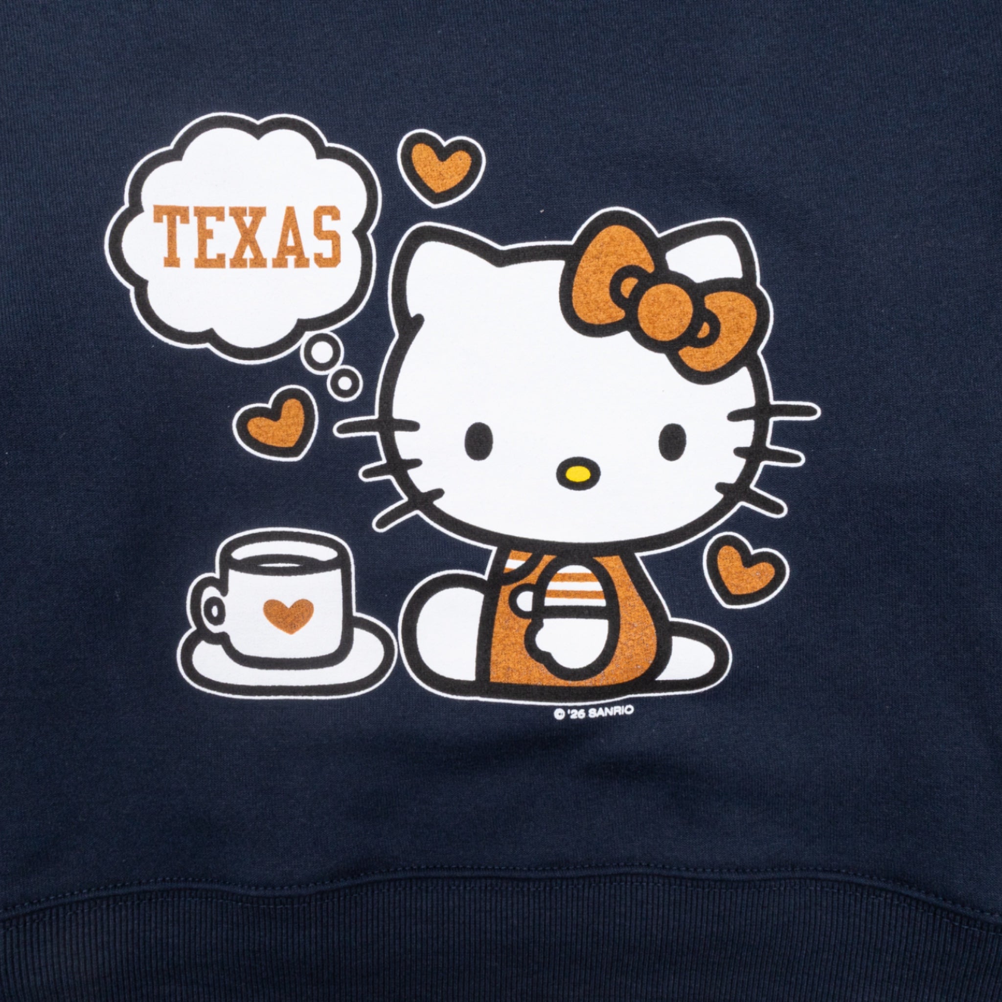 Navy blue sweatshirt with a cartoon character and 'Texas' text on a white background