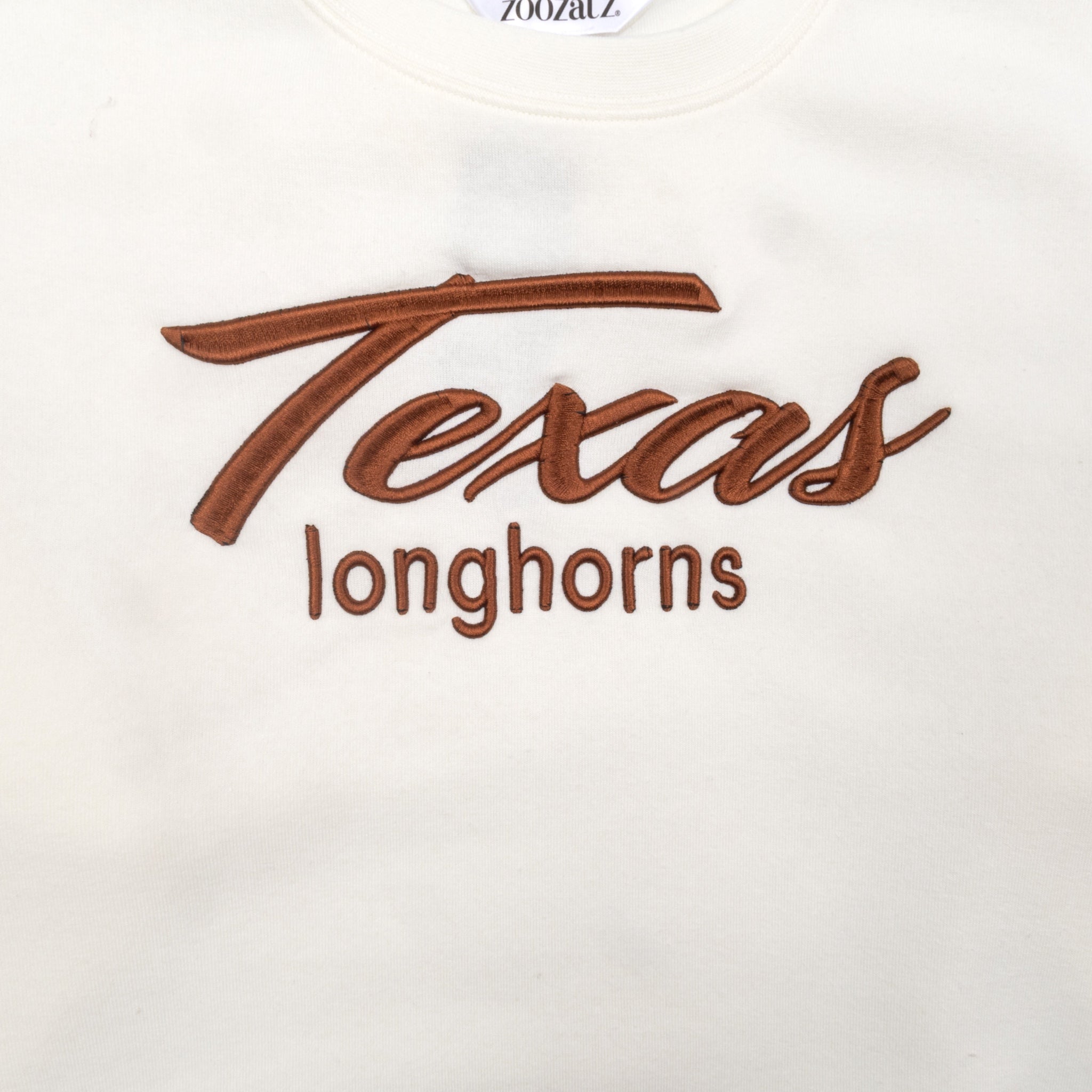 ZooZatZ Texas Longhorns Raised Script Embroidered Crewneck Ivory