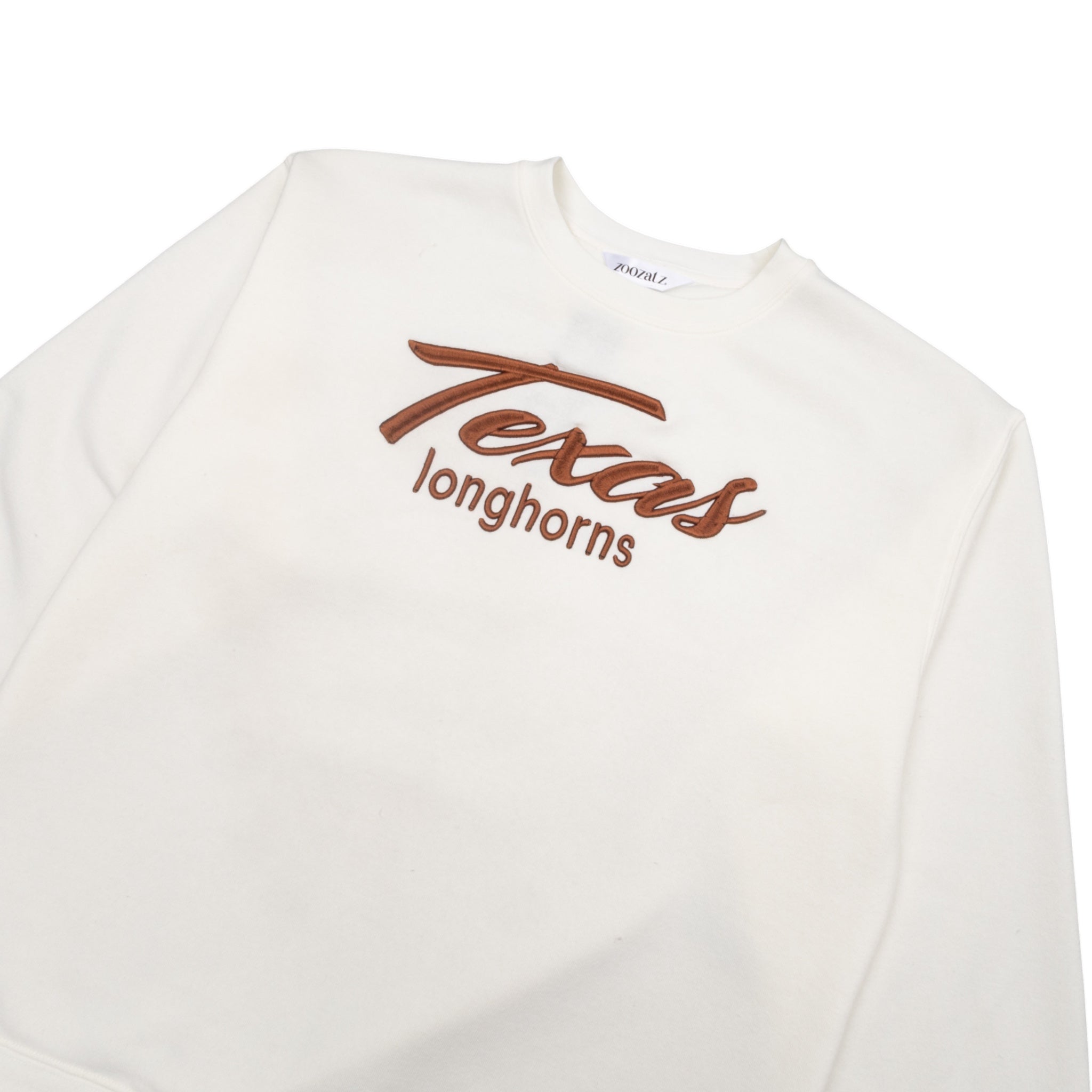 ZooZatZ Texas Longhorns Raised Script Embroidered Crewneck Ivory