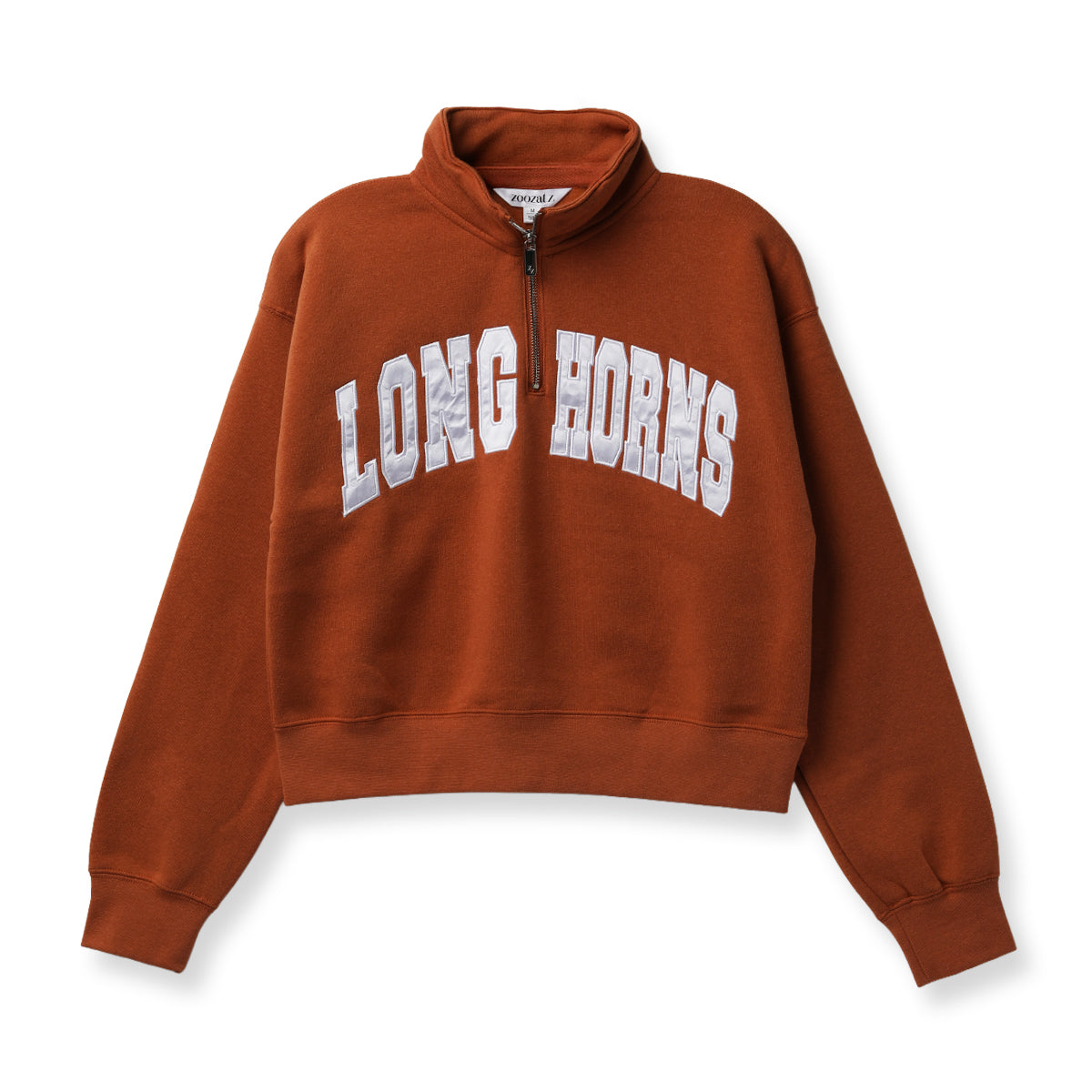 ZooZatZ Texas Longhorns Satin Applique Half Zip Crop