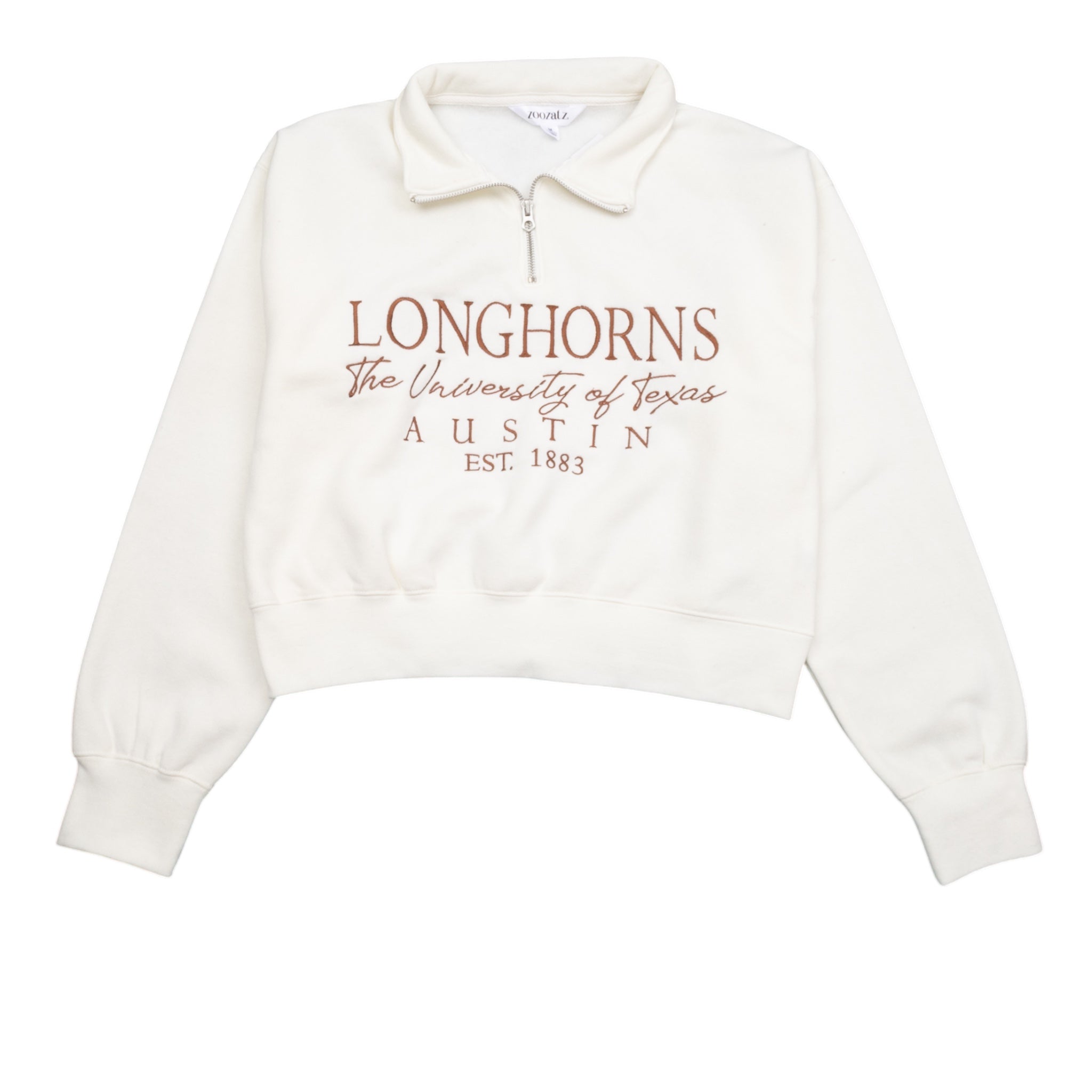ZooZatZ Texas Longhorns Script Embroidered Crop Quarter Zip Ivory