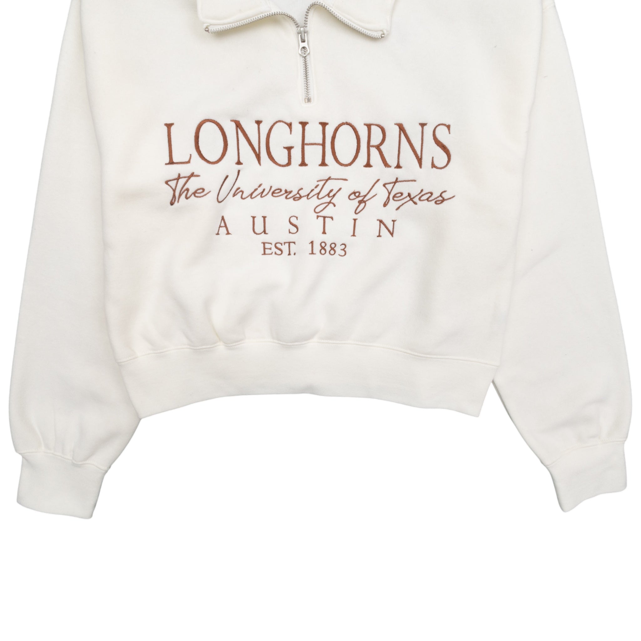 ZooZatZ Texas Longhorns Script Embroidered Crop Quarter Zip Ivory