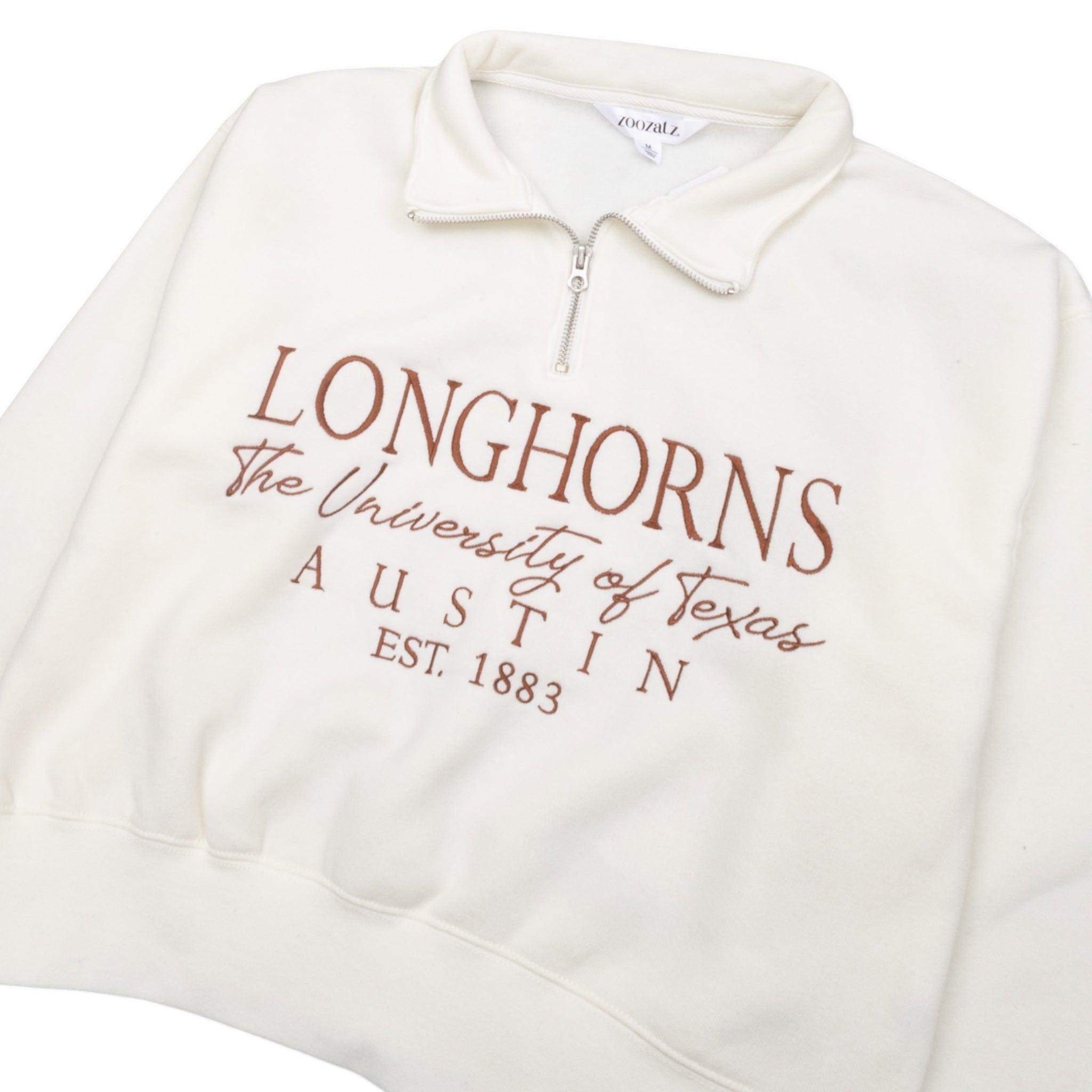 ZooZatZ Texas Longhorns Script Embroidered Crop Quarter Zip Ivory