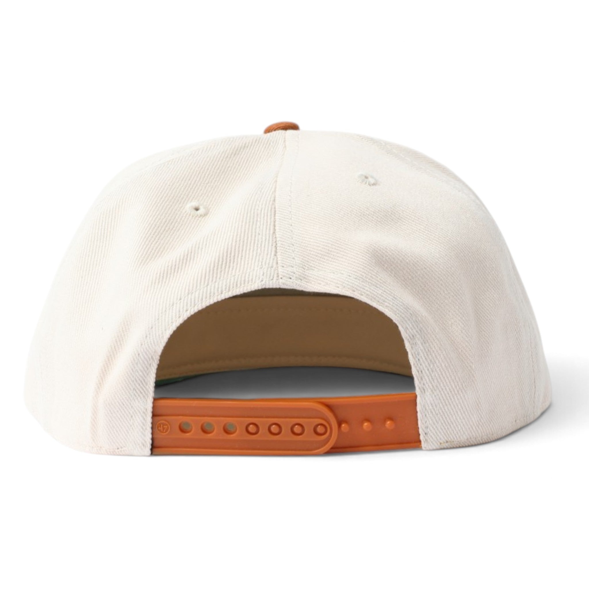 The back view of a structured baseball cap in off-white canvas, featuring a tan leather underbrim and an adjustable brown leather strap.
