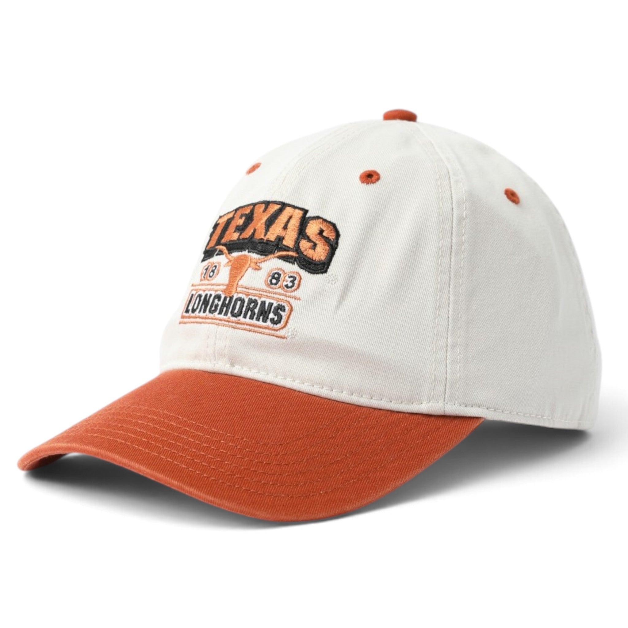 A white and rust-orange baseball cap featuring a Texas Longhorns embroidered logo on the front, set against a clean white background.