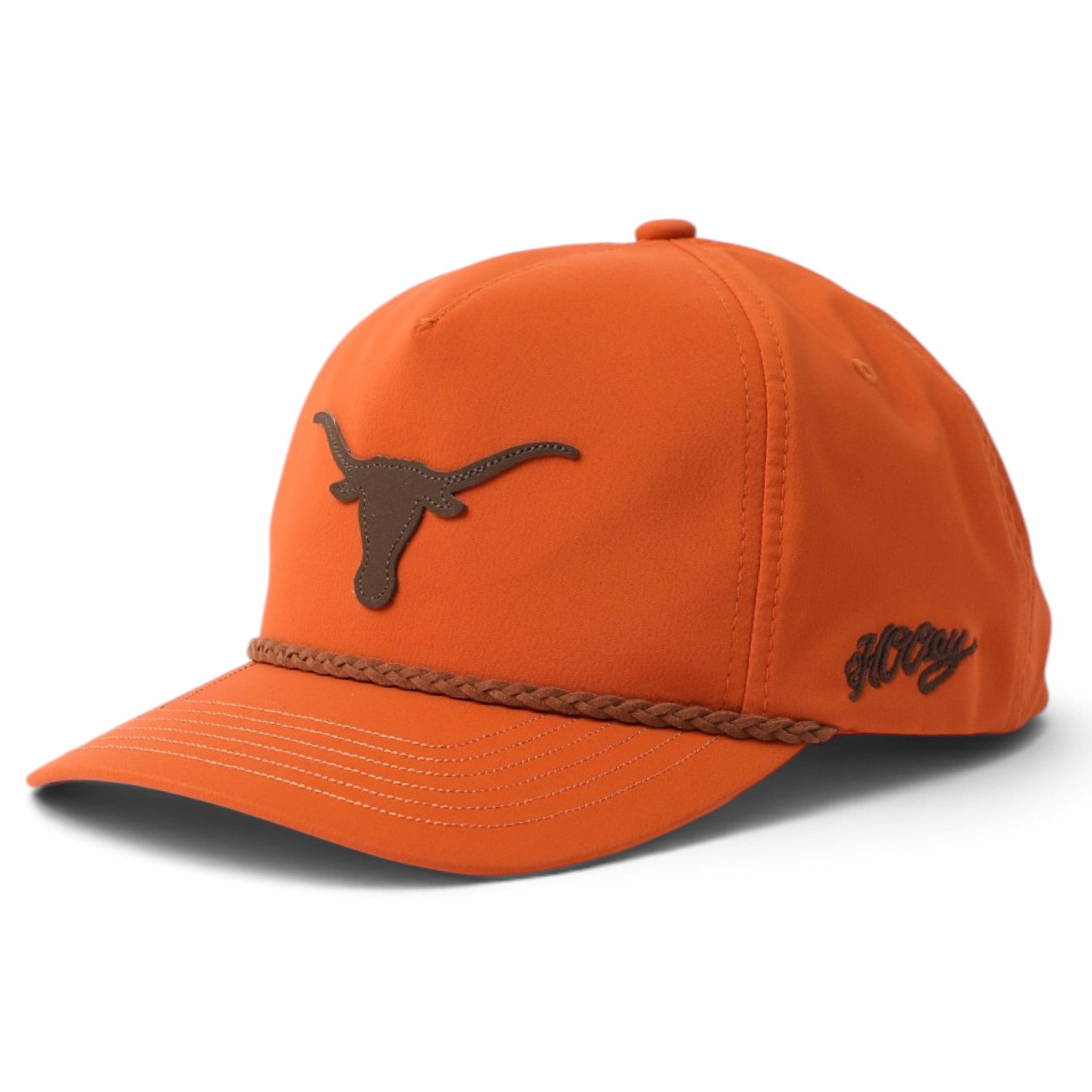 An orange baseball cap featuring a brown embroidered Longhorn logo on the front, a braided brown rope detail across the brim, and a brown script logo on the side, shown against a plain white background.