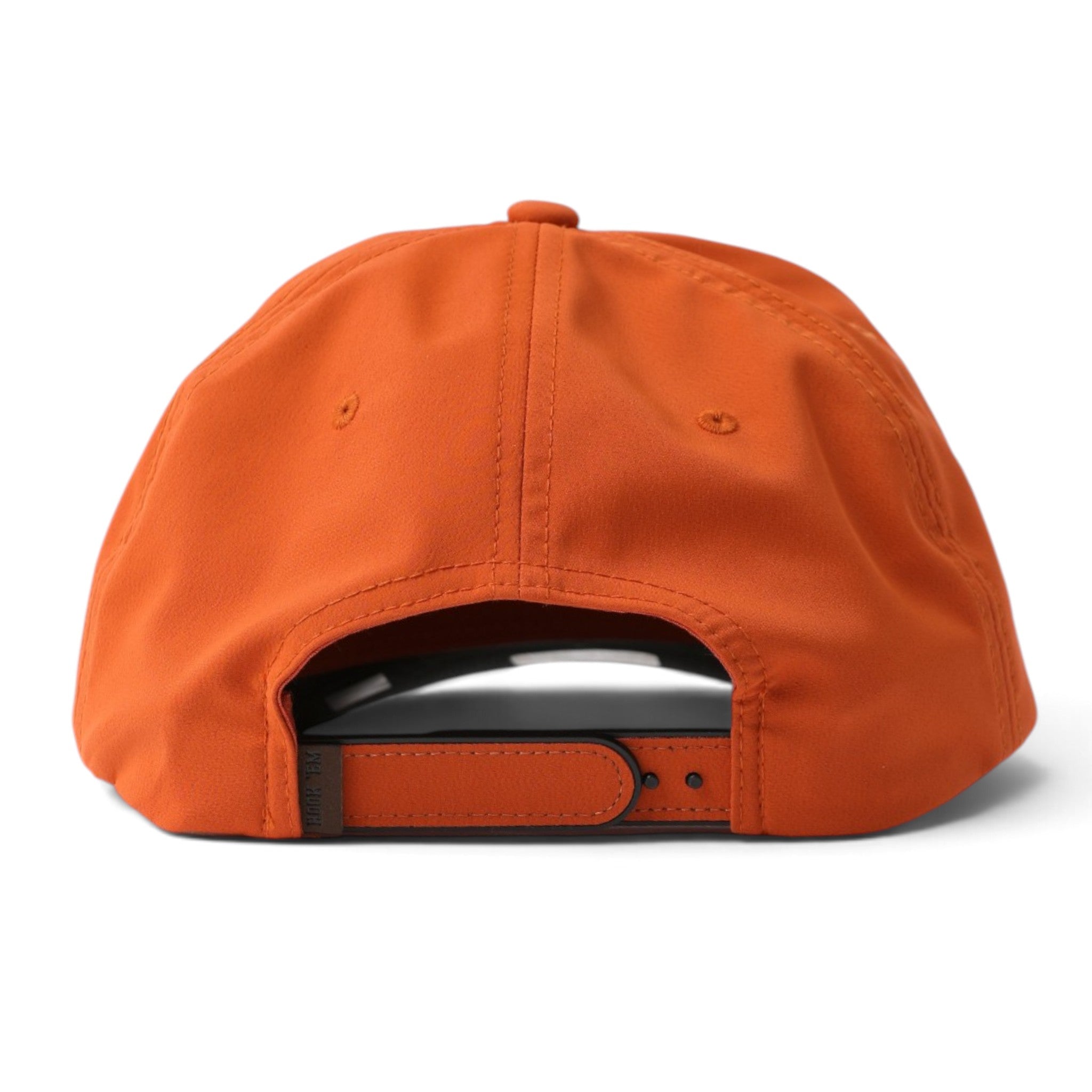 The back view of a structured orange baseball cap with an adjustable strap, shown on a clean white background.