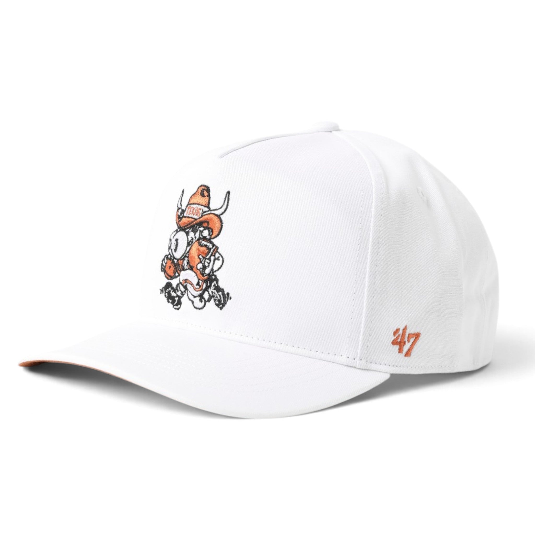 A white structured baseball cap featuring a cartoon Viking mascot graphic on the front and a red '47 logo on the side, set against a plain white background.