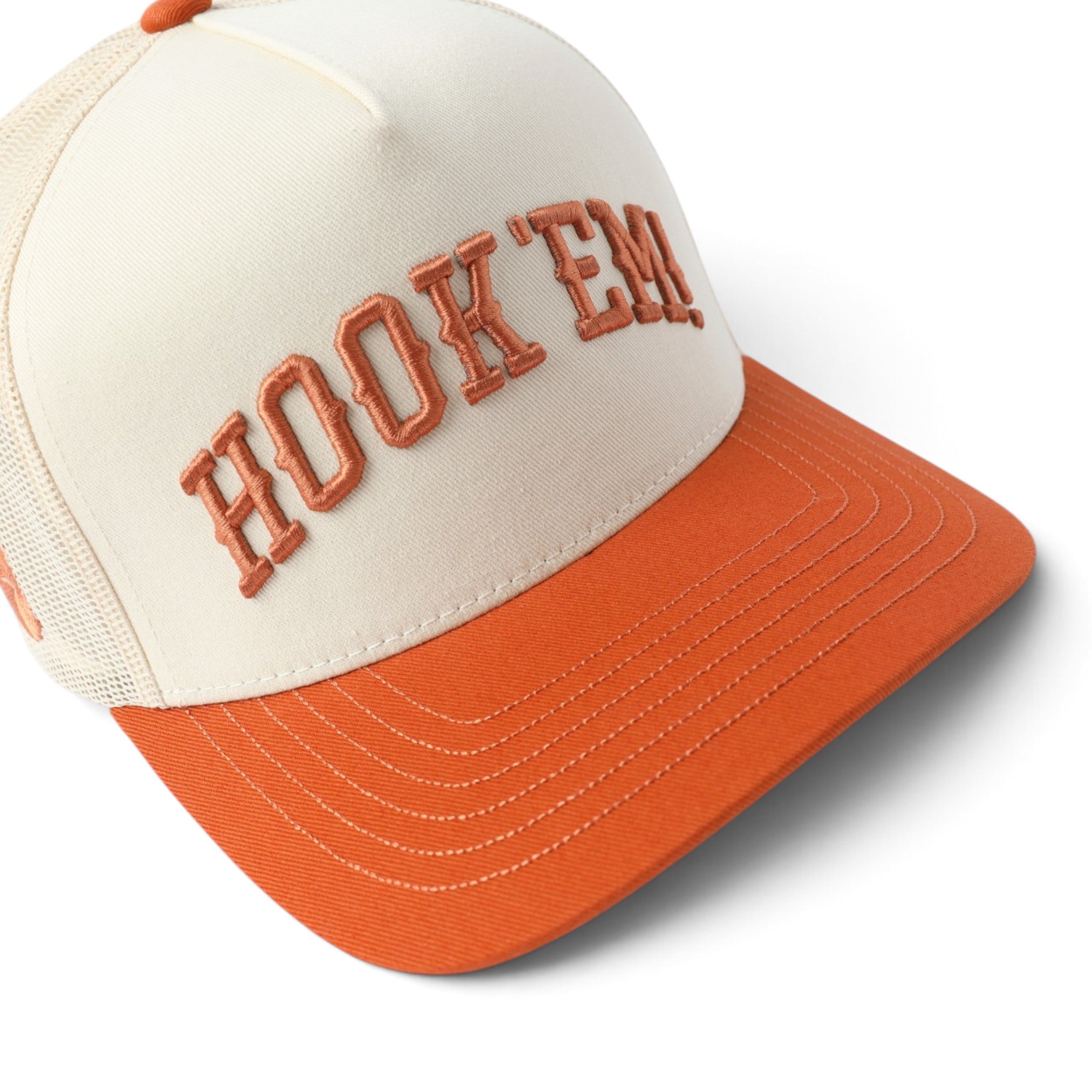A cream and orange trucker hat with 'HOOK 'EM!' embroidered in orange on the front, shown on a clean white background.