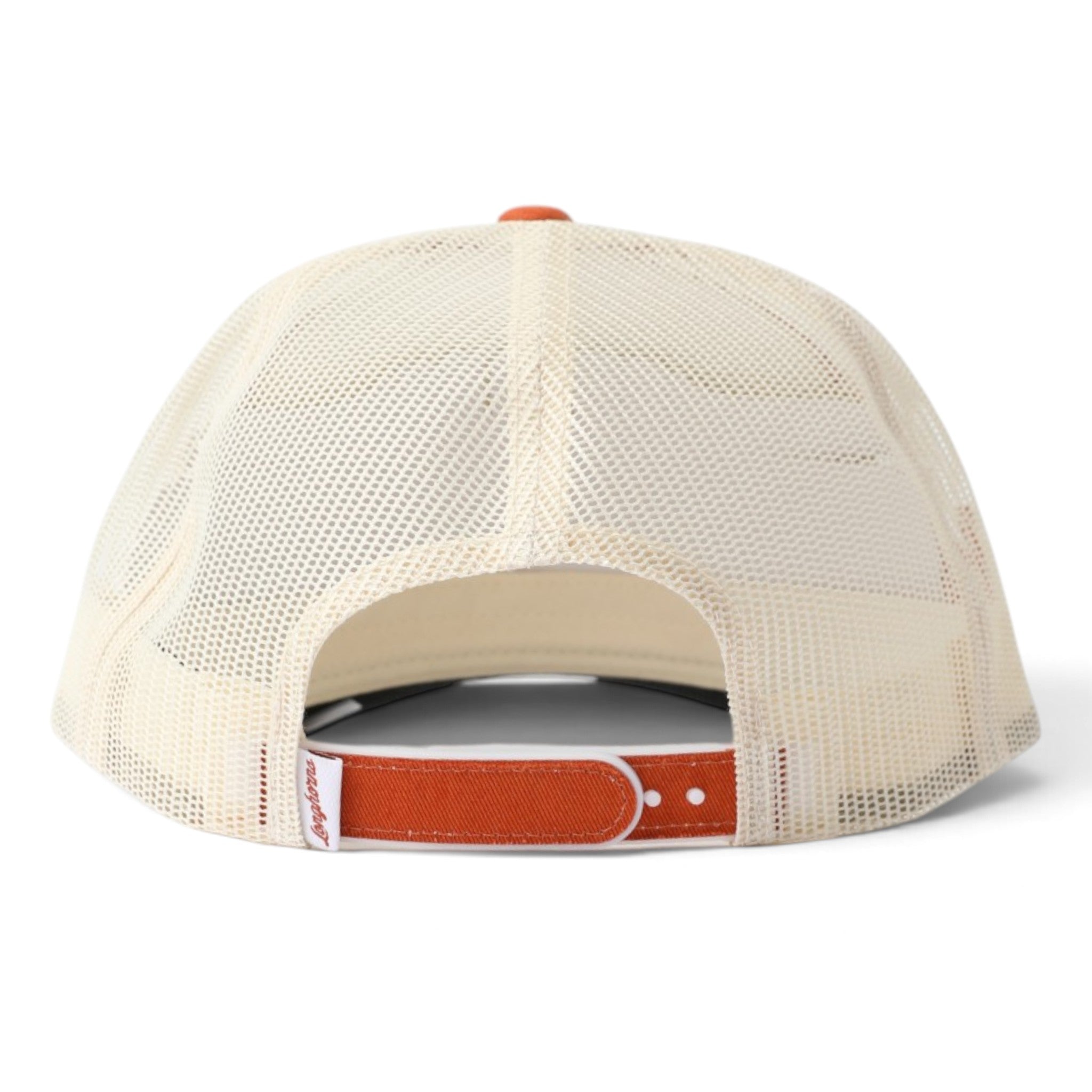 Back view of a trucker-style baseball cap with a cream-colored mesh back and a contrasting orange-brown adjustable strap.