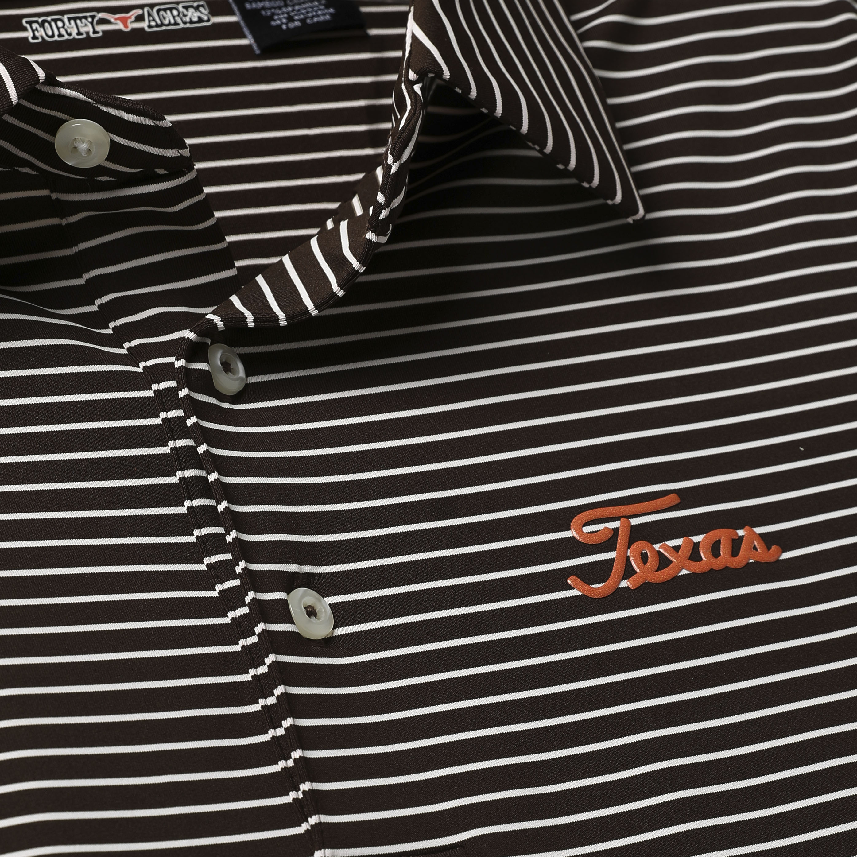 Forty Acres Texas Longhorns Carmel Stripe Ecotec Script Texas Polo