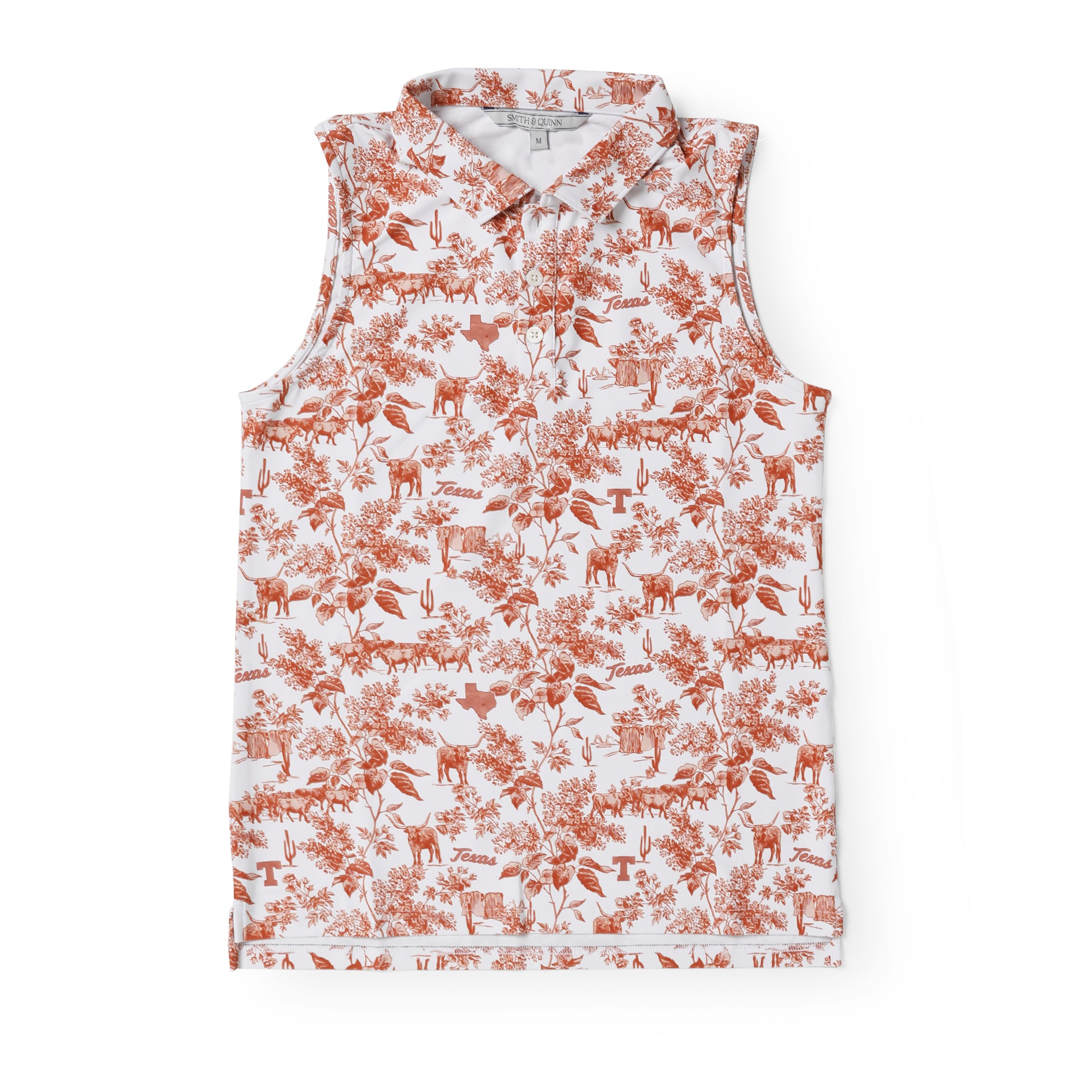 A sleeveless collared top with an all-over toile-style print featuring orange-brown animals and foliage on a white background, shown flat against a white backdrop.