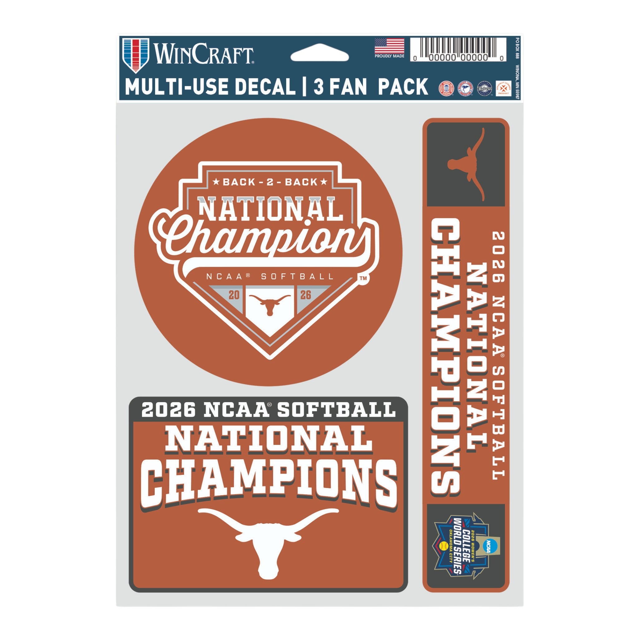Texas Longhorns 2026 Softball National Champs 5.5" x 7.75" 3 Pack Fan Decal