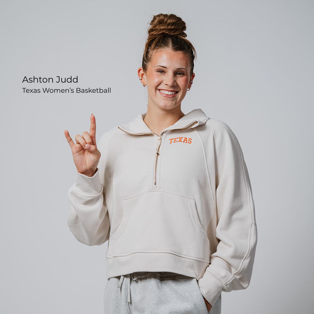 Ashton Judd Texas Women's basketball athlete wearing lululemon scuba hoodie with embroidered Texas 